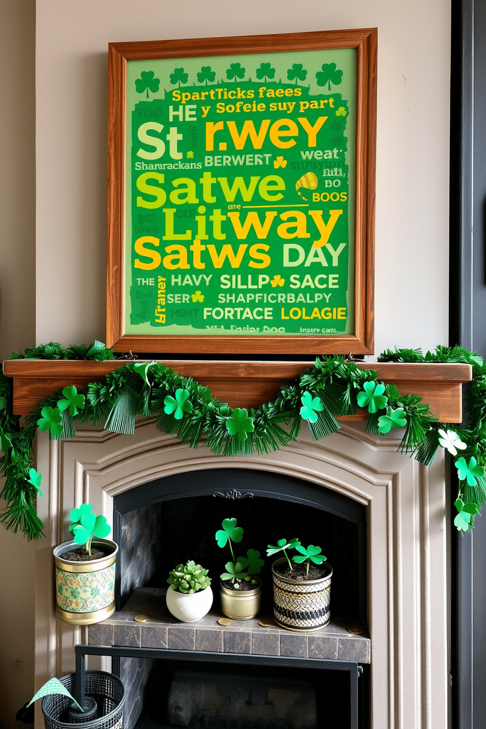 A vibrant St. Patrick's Day subway art display featuring bold green and gold colors, with playful shamrocks and leprechauns woven into the design. The artwork is framed in a rustic wooden frame, adding a touch of charm to the urban setting. A cozy fireplace adorned with St. Patrick's Day decorations, including a garland of green and gold bunting draped across the mantel. On the hearth, there are decorative pots filled with shamrocks and a few gold coins scattered around for a festive touch.