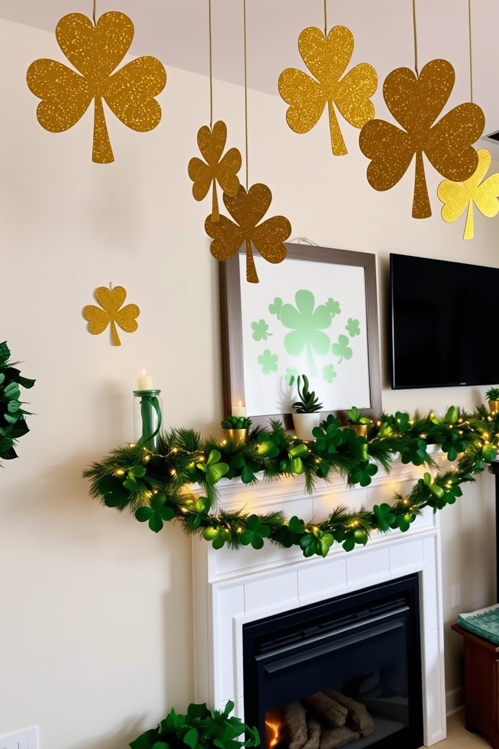 A festive St. Patrick's Day living room adorned with gold glitter shamrock cutouts hanging from the ceiling. The fireplace is decorated with a garland of green and gold, featuring twinkling fairy lights and small potted shamrocks on the mantel.