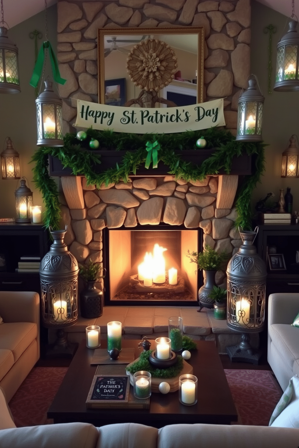 A cozy living room adorned with Irish-themed lanterns, casting a warm glow throughout the space. The lanterns are intricately designed with Celtic patterns and filled with soft, flickering candles, creating an inviting atmosphere. In the center of the room, a rustic stone fireplace serves as the focal point, decorated with green garlands and festive St. Patrick's Day accents. Above the mantle, a whimsical banner reading 