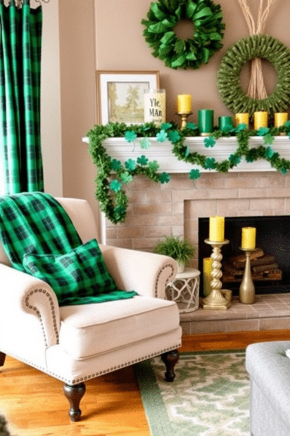 A cozy living room adorned with green plaid fabric draped elegantly over a plush armchair. A festive fireplace is decorated with cheerful St. Patrick's Day accents, including a garland of shamrocks and a collection of green and gold candles.