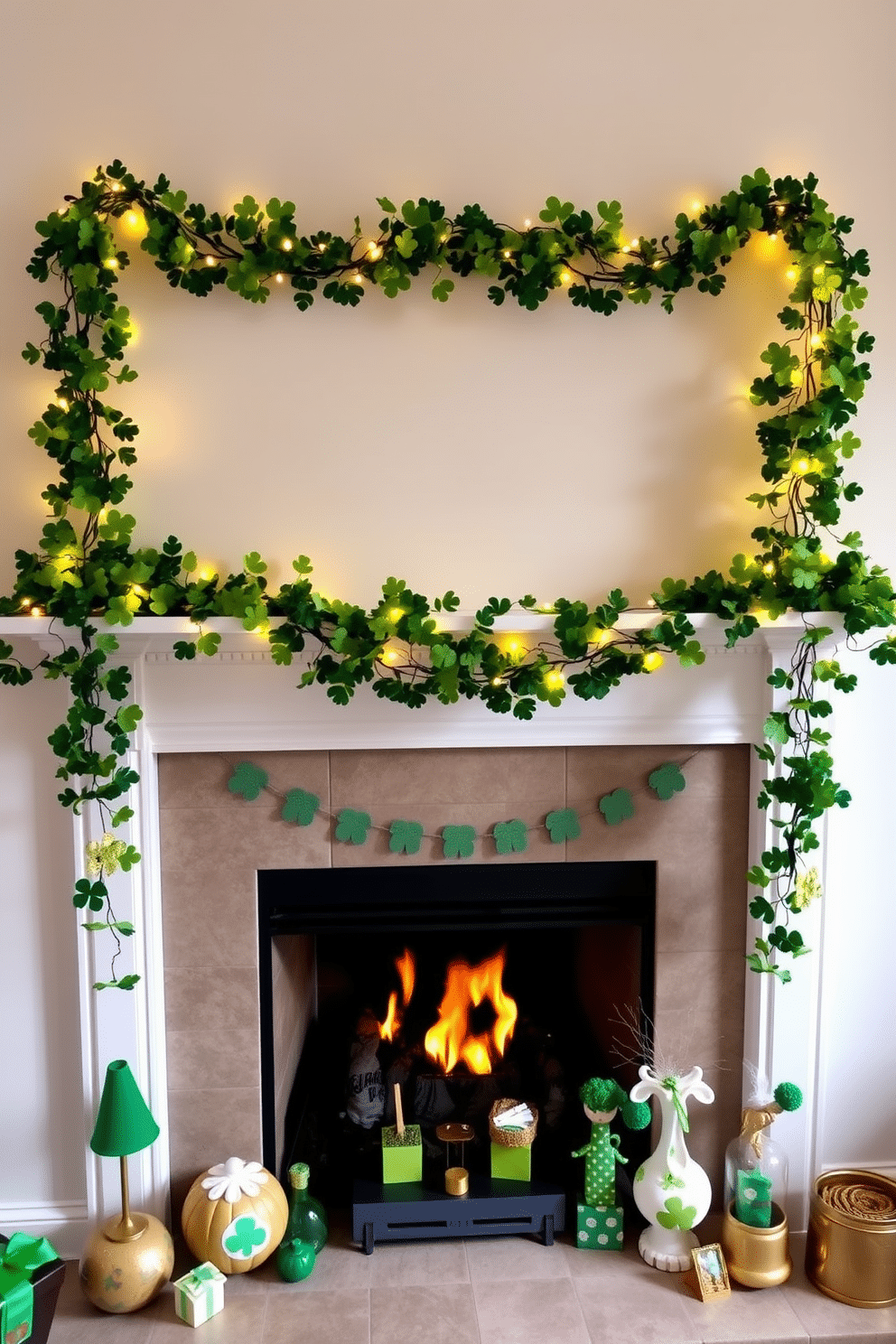 A lush lucky clover garland drapes elegantly across the mantelpiece, adorned with twinkling fairy lights that add a warm glow. Below, a charming fireplace is flanked by festive St. Patrick's Day decorations, including whimsical green and gold accents that celebrate the spirit of the holiday.