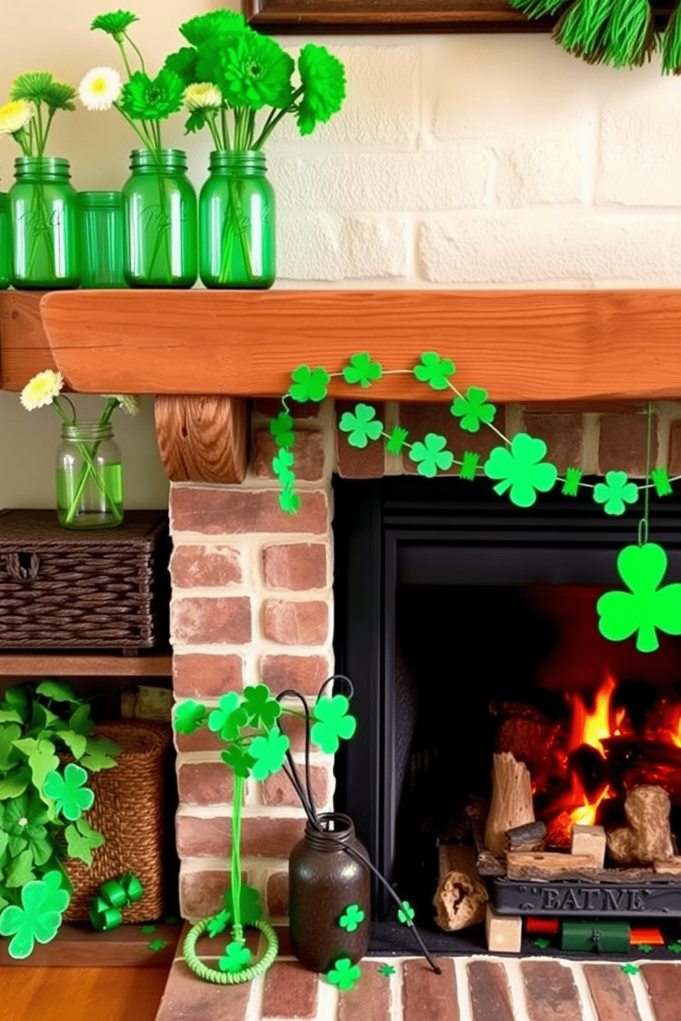 A collection of green mason jars filled with vibrant flowers sits elegantly on a rustic wooden shelf. The jars are arranged in varying heights, creating a charming focal point that brings a touch of nature indoors. A cozy fireplace is adorned with festive St. Patrick's Day decorations, featuring garlands of shamrocks and cheerful green accents. The warm glow of the fire complements the playful decor, inviting a sense of warmth and celebration to the space.