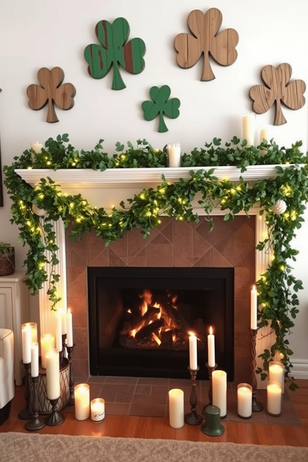 A cozy living room adorned with rustic wooden shamrock signs hanging on the walls, adding a festive touch for St. Patrick's Day. The fireplace is elegantly decorated with garlands of green foliage, twinkling fairy lights, and an assortment of candles in varying heights, creating a warm and inviting atmosphere.