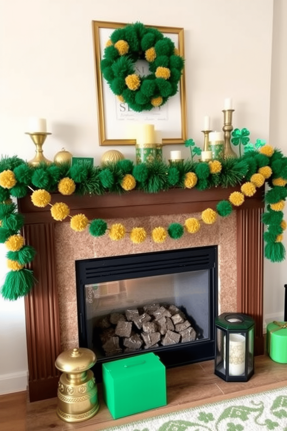 A whimsical St. Patrick's Day living room setting adorned with a green and gold pom-pom garland draped elegantly across the mantelpiece. The fireplace is decorated with a mix of gold and green accents, including shamrock-themed decor and festive candles, creating a cozy and inviting atmosphere.