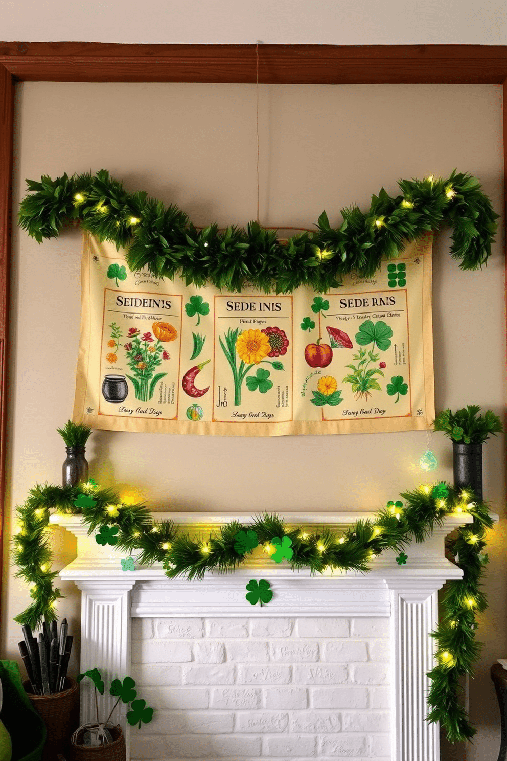 A vintage seed pack banner hangs gracefully across the wall, showcasing an array of colorful botanical illustrations and nostalgic typography. The banner is framed by rustic wooden accents, enhancing the charm of the space. A cozy fireplace serves as the focal point of the room, adorned with festive St. Patrick's Day decorations. Lush green garlands and twinkling fairy lights drape elegantly around the mantel, complemented by whimsical shamrock-themed ornaments.