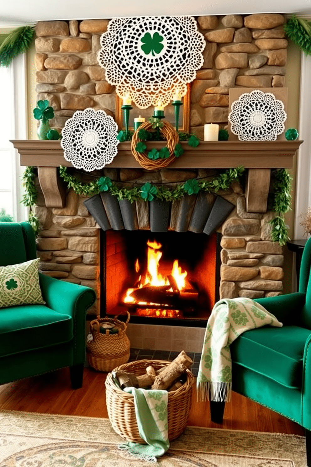 A cozy living room adorned for St. Patrick's Day, featuring a traditional stone fireplace with a warm, crackling fire. Irish lace doilies are elegantly draped over the mantel, complemented by green and gold decorative accents, including shamrocks and candles. The fireplace is flanked by two plush armchairs upholstered in rich emerald fabric, creating an inviting atmosphere. A woven basket filled with logs sits beside the hearth, and a soft, patterned throw blanket is casually draped over one chair for added comfort.