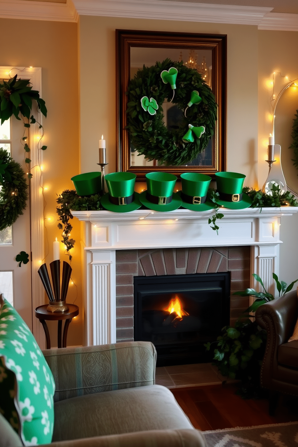 A cozy living room adorned for St. Patrick's Day features a charming fireplace with a mantle decorated with vibrant green top hats. The space is enhanced by twinkling fairy lights and lush greenery, creating a festive yet inviting atmosphere.