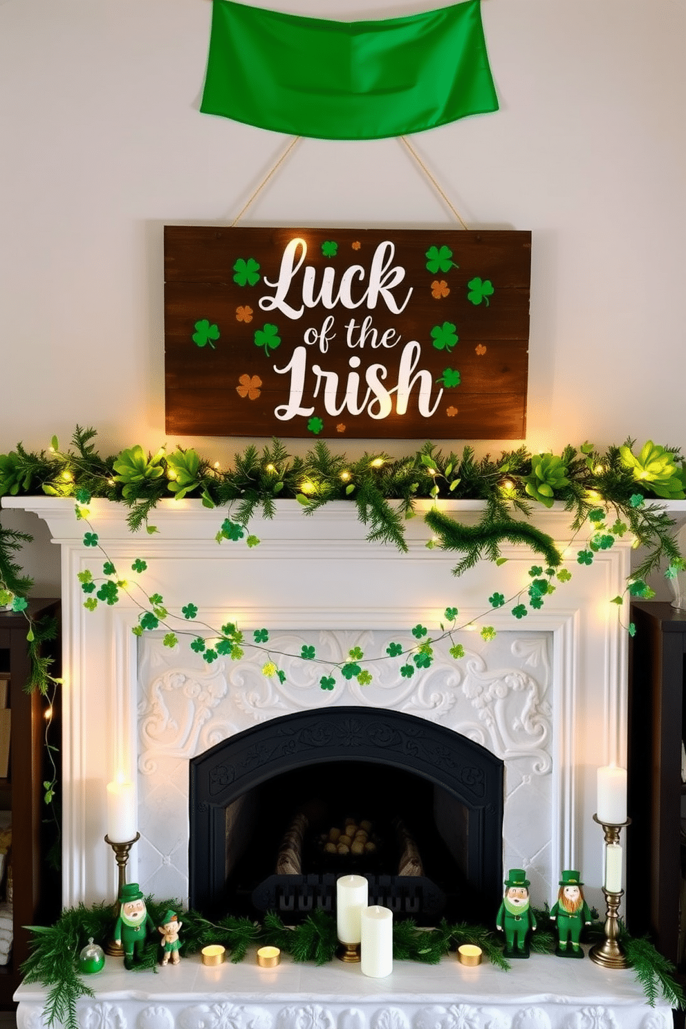 A charming St. Patrick's Day quote sign hangs above a cozy fireplace, featuring a whimsical design with green and gold accents. The sign reads, 