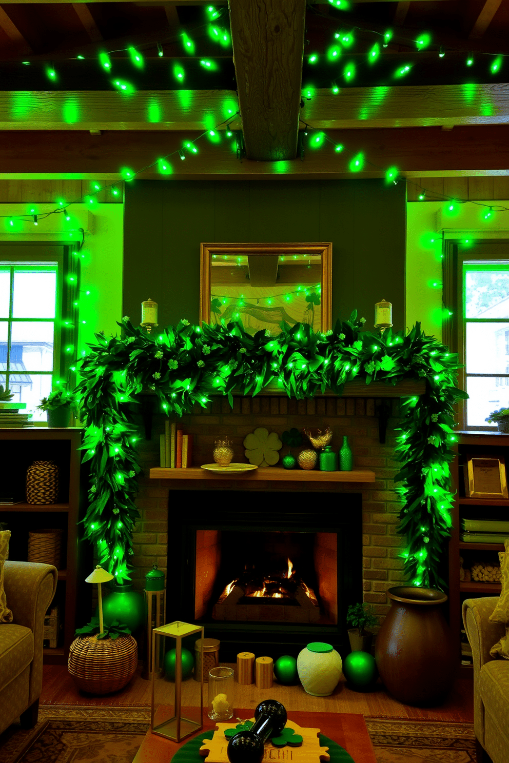 A cozy living room adorned with green fairy lights strung along the ceiling beams, casting a warm and inviting glow. The lights twinkle softly, creating a whimsical atmosphere perfect for gatherings. A charming fireplace is the focal point of the room, surrounded by a rustic mantel decorated with St. Patrick's Day accents. Lush green garlands and gold accents frame the fireplace, while a collection of festive shamrock-themed decor adds a playful touch.