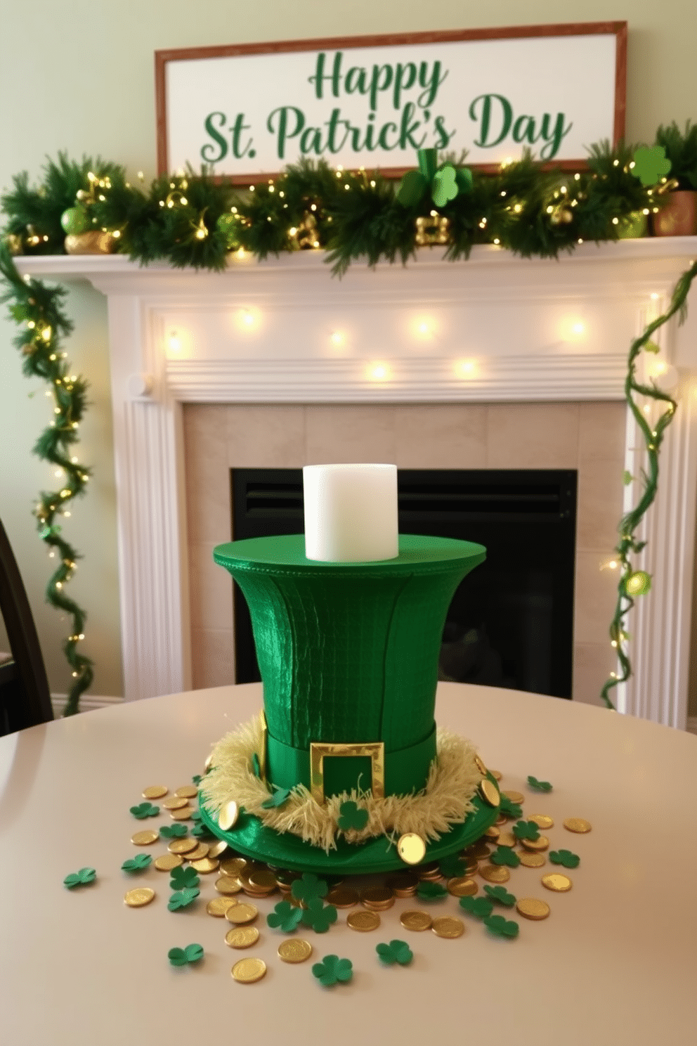 A vibrant leprechaun hat serves as a whimsical centerpiece on a festive dining table. Surrounding the hat are scattered gold coins and small shamrocks, creating a playful and inviting atmosphere. The fireplace is adorned with garlands of green and gold, featuring twinkling fairy lights and festive decorations. Above the mantel, a large sign reading 