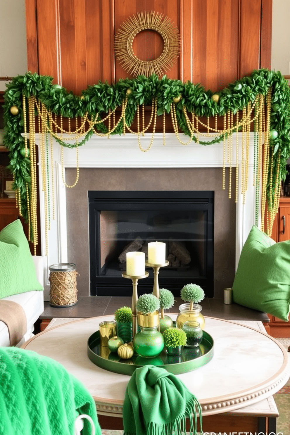 A cozy living room adorned with gold and green bead strands drapes elegantly from the mantelpiece, catching the light and adding a festive touch. The fireplace, framed by rich wooden paneling, serves as the focal point, with a lush green garland interspersed with gold accents enhancing the St. Patrick's Day theme. On the coffee table, a collection of green and gold decorative items, such as candles and small potted plants, creates a harmonious blend of colors. Plush green pillows on the sofa invite comfort, while a vibrant green throw blanket adds an extra layer of warmth to the space.