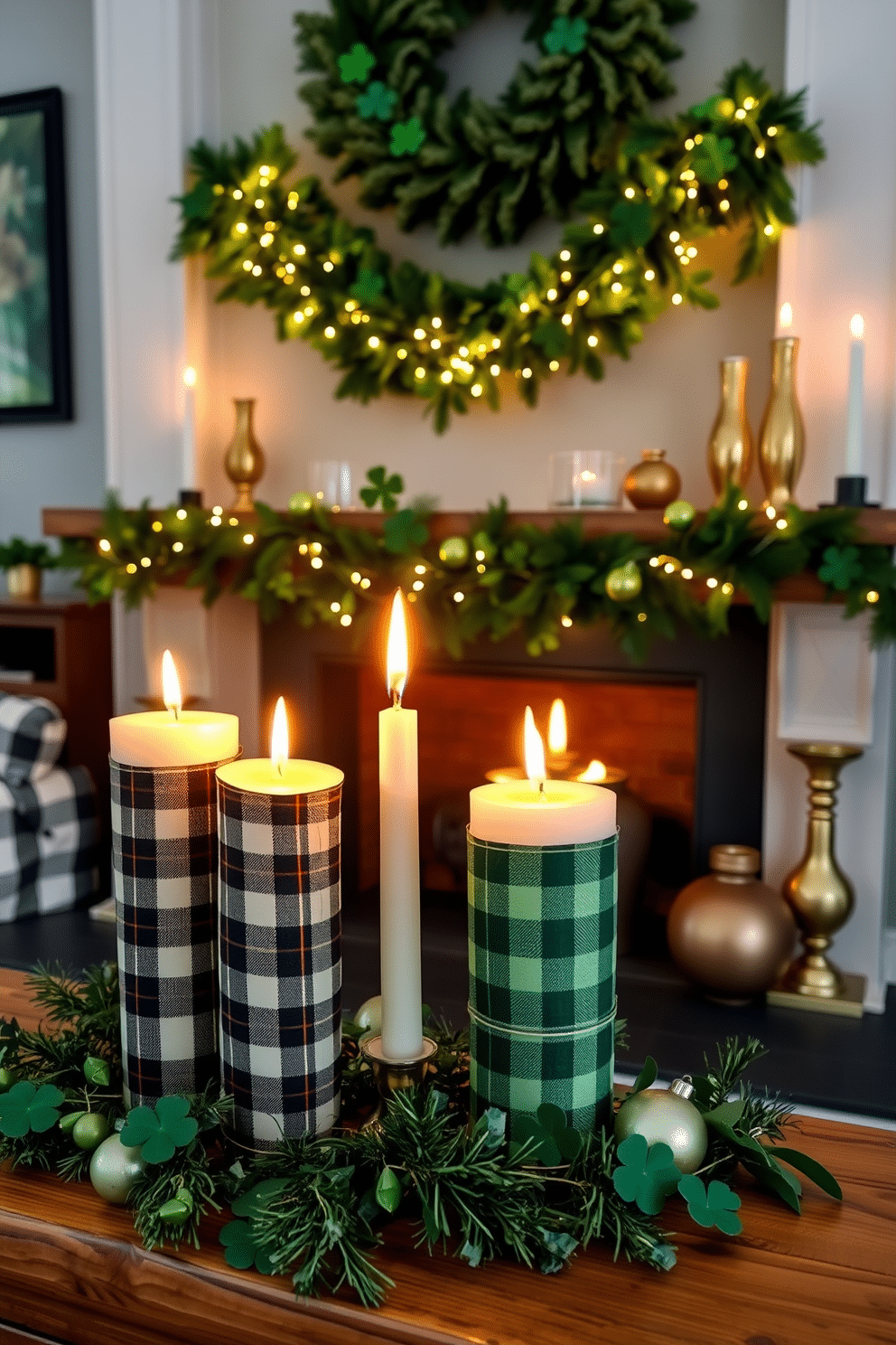 A cozy living room setting adorned with plaid ribbon-wrapped candles placed on a rustic wooden mantel. The flickering flames create a warm ambiance, complemented by green and gold accents for St. Patrick's Day decorations. In the background, a beautifully styled fireplace features a garland of fresh greenery intertwined with twinkling fairy lights. Surrounding the hearth, decorative elements like shamrock ornaments and gold-toned vases enhance the festive atmosphere.