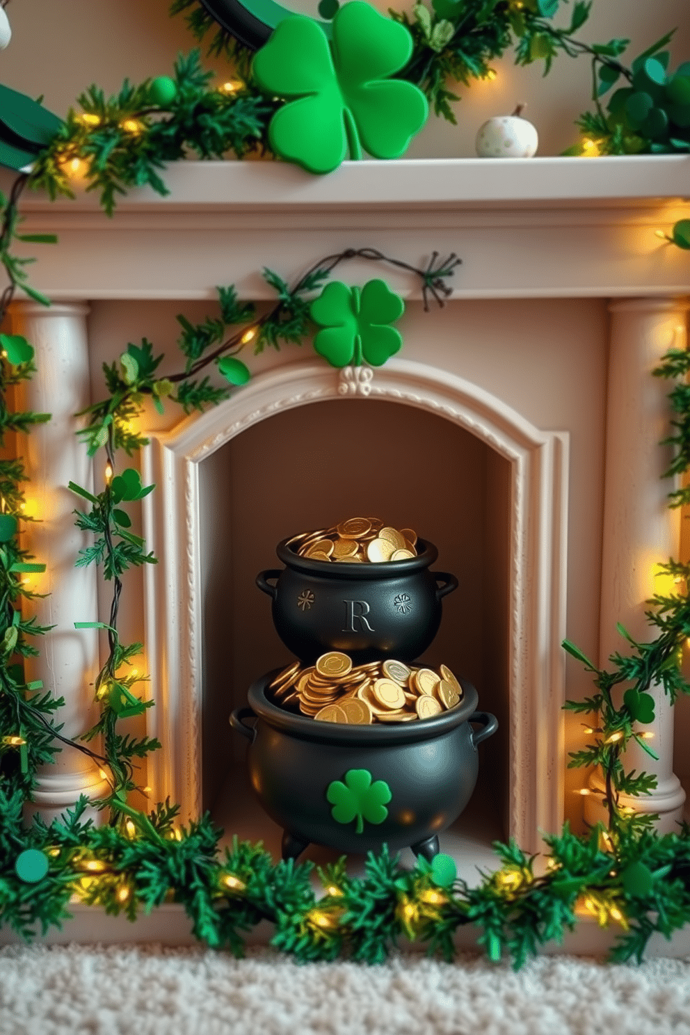 A charming fireplace adorned for St. Patrick's Day, featuring a mini pot of gold overflowing with chocolate coins. Surrounding the fireplace are lush green garlands and twinkling fairy lights, creating a festive and inviting atmosphere.