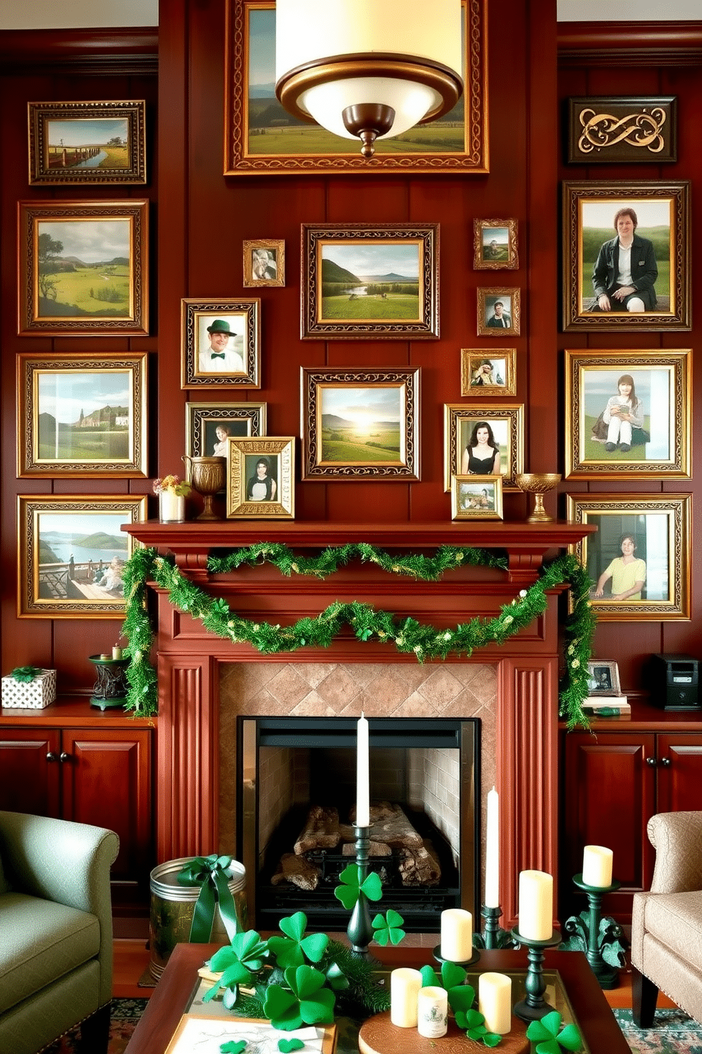 A cozy living room adorned with Irish-themed photo frames featuring scenic landscapes and family portraits. The frames are intricately designed with Celtic patterns and are arranged gallery-style on a rich mahogany wall. A charming fireplace serves as the focal point of the room, decorated with a mantle draped in green and gold garlands. On the hearth, a collection of St. Patrick's Day decorations, including shamrock figurines and candles, adds a festive touch to the warm ambiance.