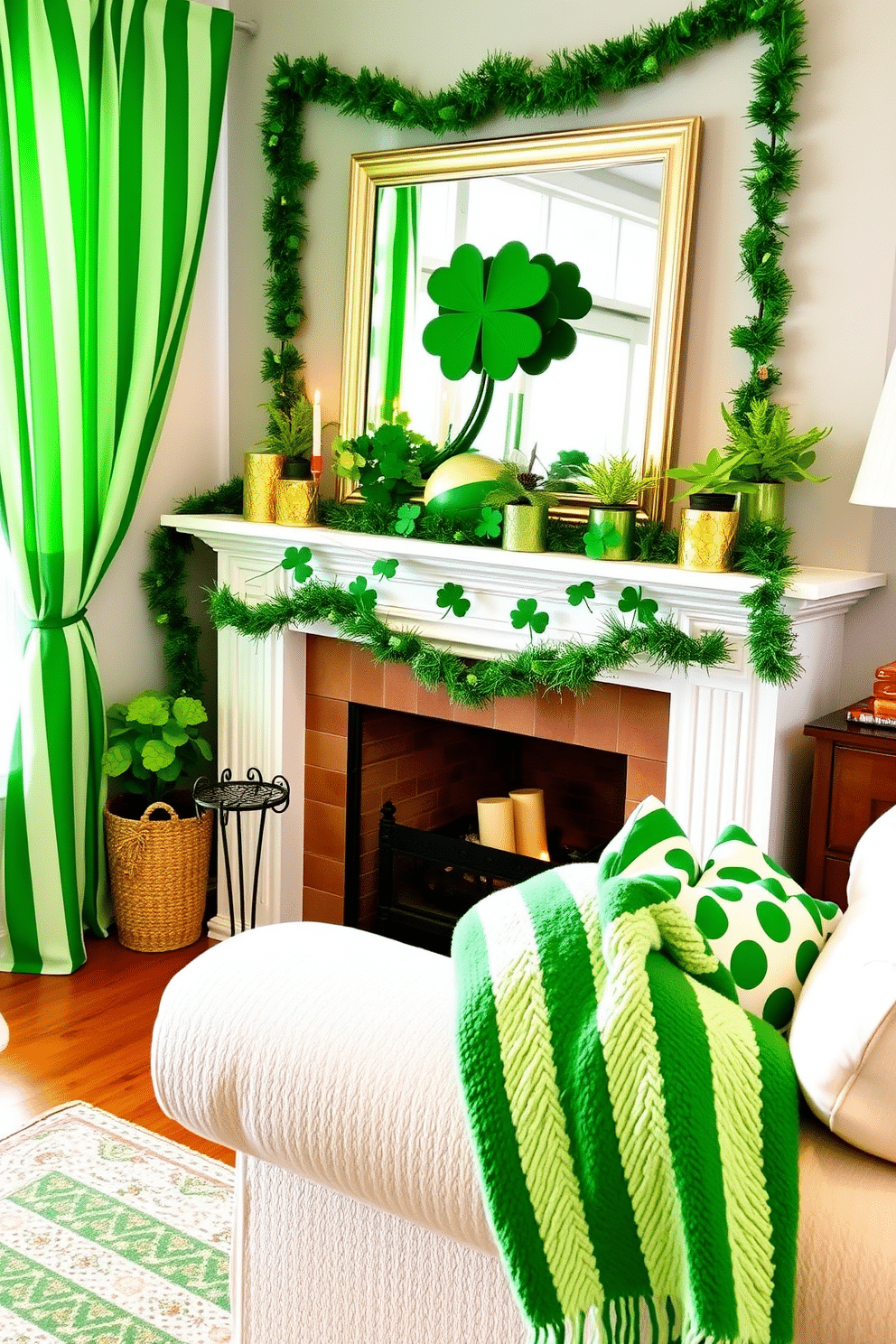 A cozy living room adorned with green and white striped fabric accents. The curtains billow gently by the window, while a plush green and white striped throw blanket drapes over the arm of a cream-colored sofa. A beautifully decorated fireplace serves as the focal point, featuring a mantel adorned with festive St. Patrick's Day decor. Shamrock garlands and small potted plants in vibrant green hues create a cheerful atmosphere, complemented by flickering candles in decorative holders.