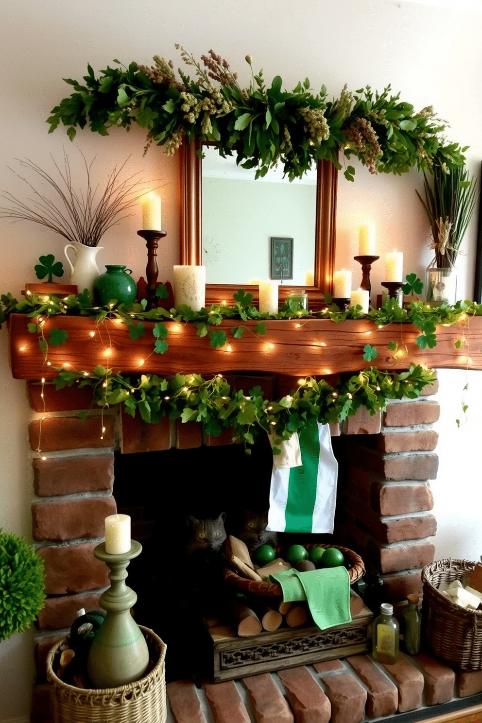 A rustic Irish-themed mantel features a weathered wooden beam adorned with greenery and twinkling fairy lights. Traditional Irish decorations, such as shamrocks and handcrafted pottery, are artfully arranged alongside candles in varying heights for a warm, inviting glow. Above the mantel, a vintage mirror reflects the festive decor, while a garland of dried flowers and herbs adds a touch of authenticity. On the hearth, stacked logs and a decorative basket complete the cozy look, perfect for celebrating St. Patrick's Day.