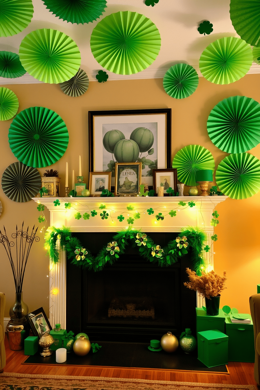 A festive living room adorned with green paper fan decorations, creating a vibrant atmosphere for St. Patrick's Day. The fans are strategically placed on the walls and ceiling, complemented by shamrock-themed accents and twinkling fairy lights. A cozy fireplace serves as the focal point, draped with a garland of green and gold accents. Above the mantle, a collection of framed St. Patrick's Day-themed artwork adds a charming touch to the festive decor.