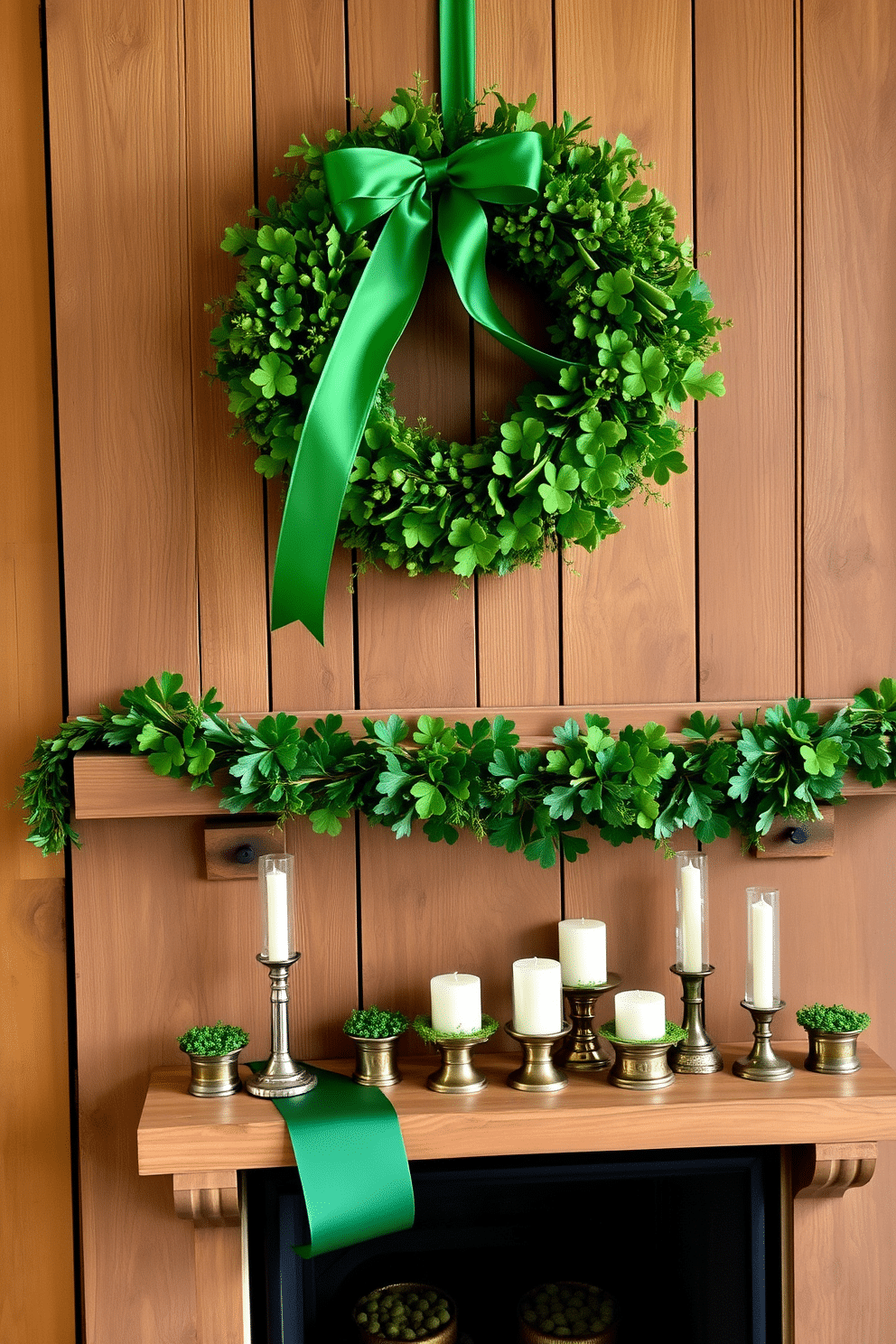 A vibrant shamrock wreath adorned with a luxurious green ribbon hangs prominently on a rustic wooden door, welcoming guests with its festive charm. The wreath is filled with various shades of green foliage and delicate shamrock accents, creating a lively St. Patrick's Day atmosphere. A cozy fireplace is elegantly decorated for St. Patrick's Day, featuring a garland of green and gold accents draped across the mantle. On the hearth, a collection of candles in varying heights adds warmth, while small pots of shamrocks and gold coins are strategically placed for a playful touch.