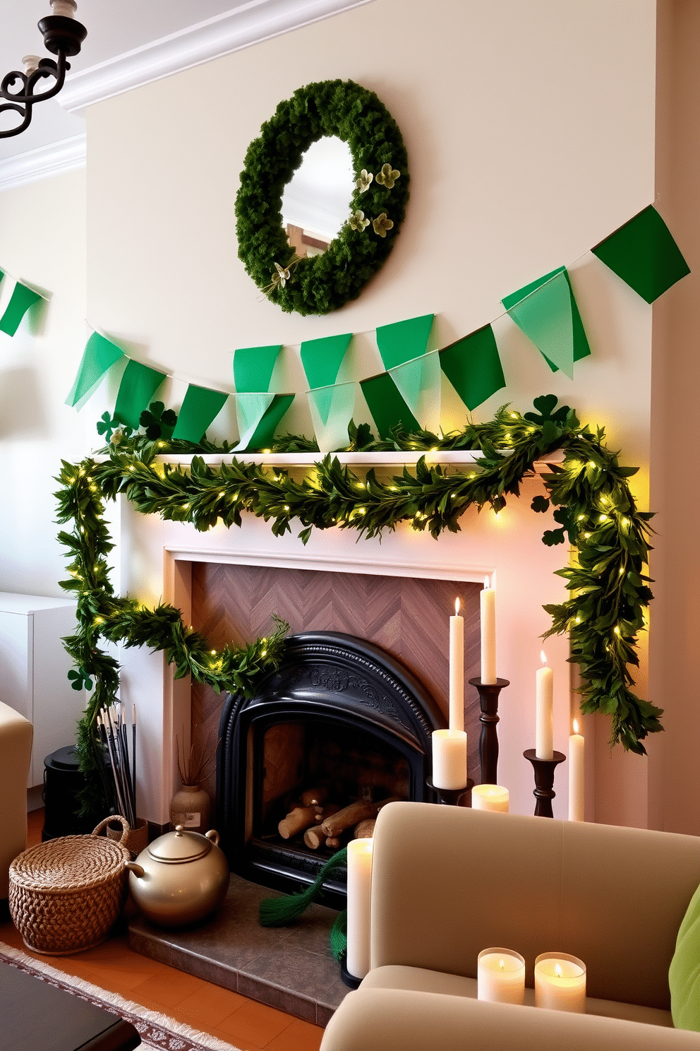 A festive St. Patrick's Day living room adorned with Irish flag bunting draped across the mantelpiece, creating a vibrant atmosphere. The fireplace is decorated with lush green garlands, twinkling fairy lights, and a collection of rustic candles to enhance the cozy ambiance.