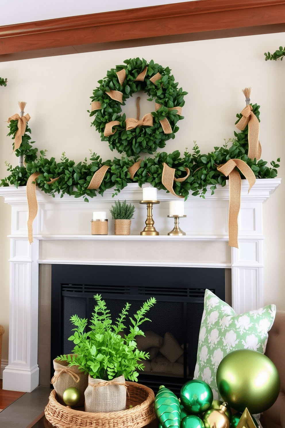 A cozy living room adorned with boxwood accents and burlap decorations. The fireplace is elegantly decorated with a garland of fresh boxwood intertwined with burlap ribbons, creating a warm and inviting atmosphere for St. Patrick's Day. On the mantel, there are rustic burlap-wrapped candle holders and small pots of boxwood plants. A cheerful display of green and gold accents, including shamrocks and festive ornaments, adds a touch of holiday spirit to the space.