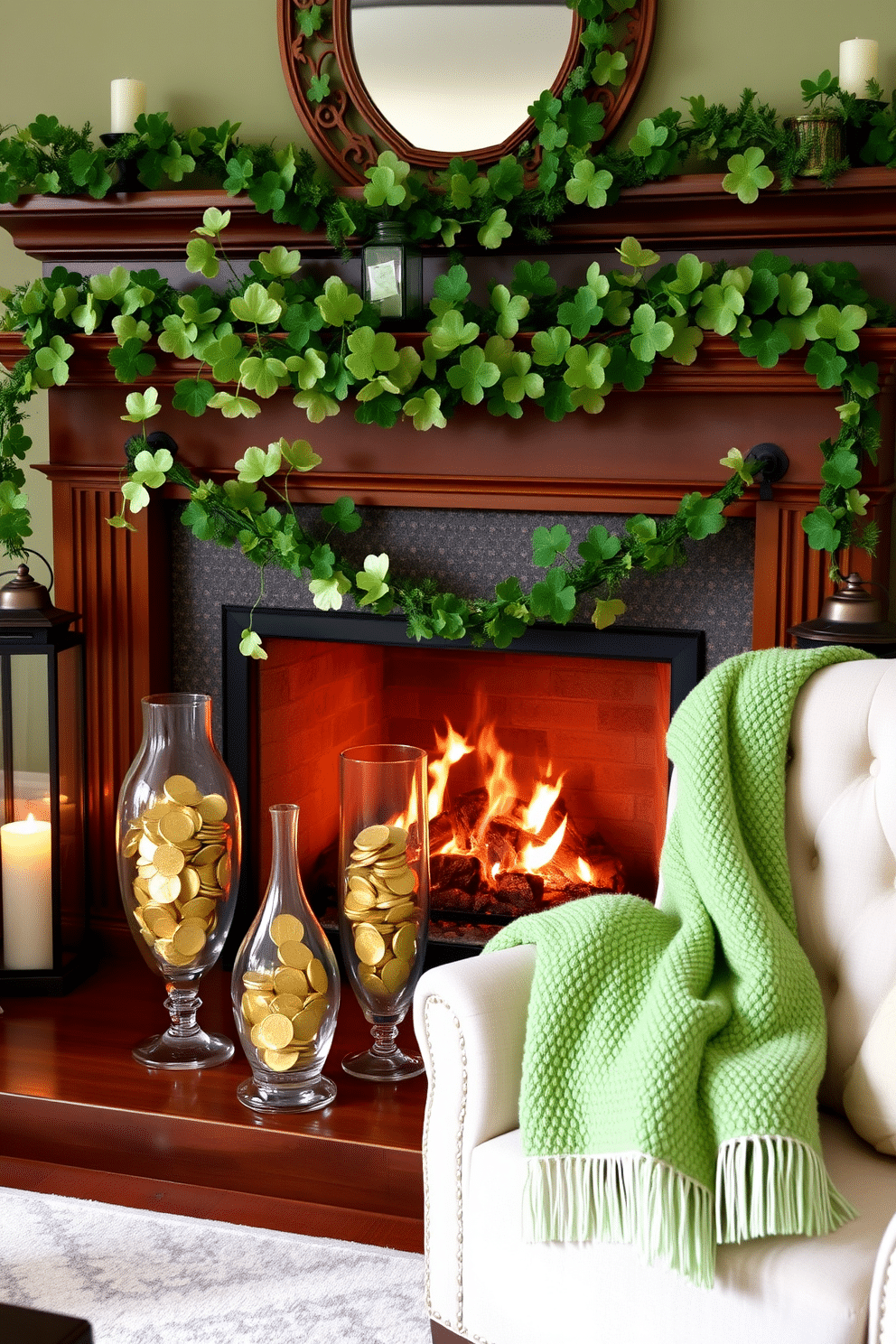 A collection of elegant vases filled with shimmering gold coins, arranged on a polished wooden mantel. The vases vary in height and design, creating visual interest, while soft green foliage peeks out from the top, adding a touch of freshness. A cozy fireplace adorned with festive St. Patrick's Day decorations, featuring a garland of shamrocks draped across the mantel. Flanking the fireplace are lanterns with warm candlelight, and a plush green throw blanket is draped over a nearby armchair, inviting warmth and celebration.