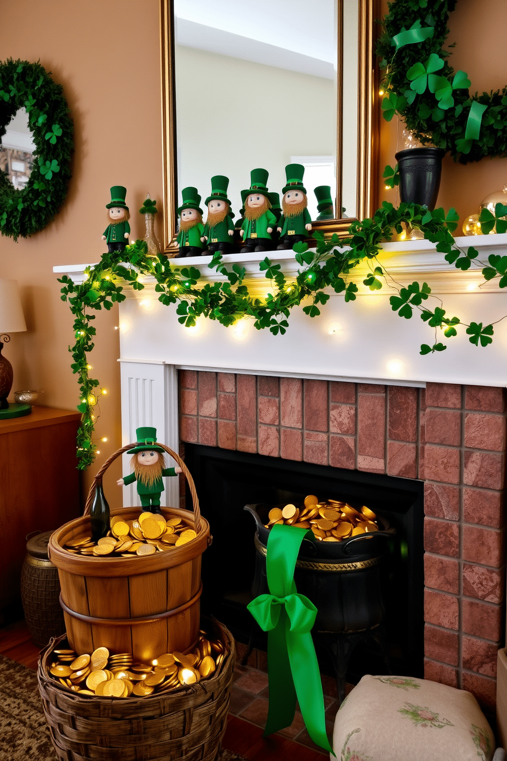 A cozy living room adorned with festive St. Patrick's Day decorations. On the mantelpiece, a collection of charming leprechaun figurines in vibrant green outfits adds a whimsical touch to the space. The fireplace is elegantly decorated with garlands of shamrocks and twinkling fairy lights. A rustic wooden basket filled with golden coins and small pots of gold sits beside the hearth, enhancing the holiday spirit.