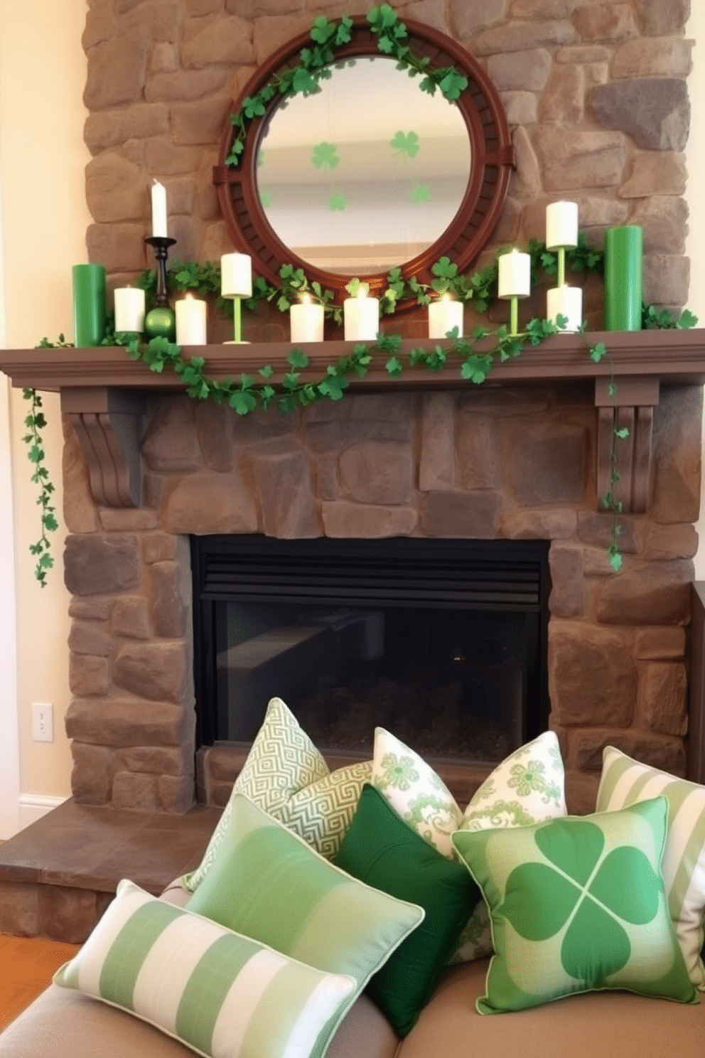 A cozy living room featuring a traditional stone fireplace, adorned with a mantle decorated for St. Patrick's Day. Green and white candles of varying heights are placed along the mantle, casting a warm glow, while a garland of shamrocks drapes gracefully above. On the hearth, a collection of green and white decorative pillows adds a festive touch to the seating area. The walls are painted a soft cream, providing a bright backdrop for the vibrant green accents throughout the space.