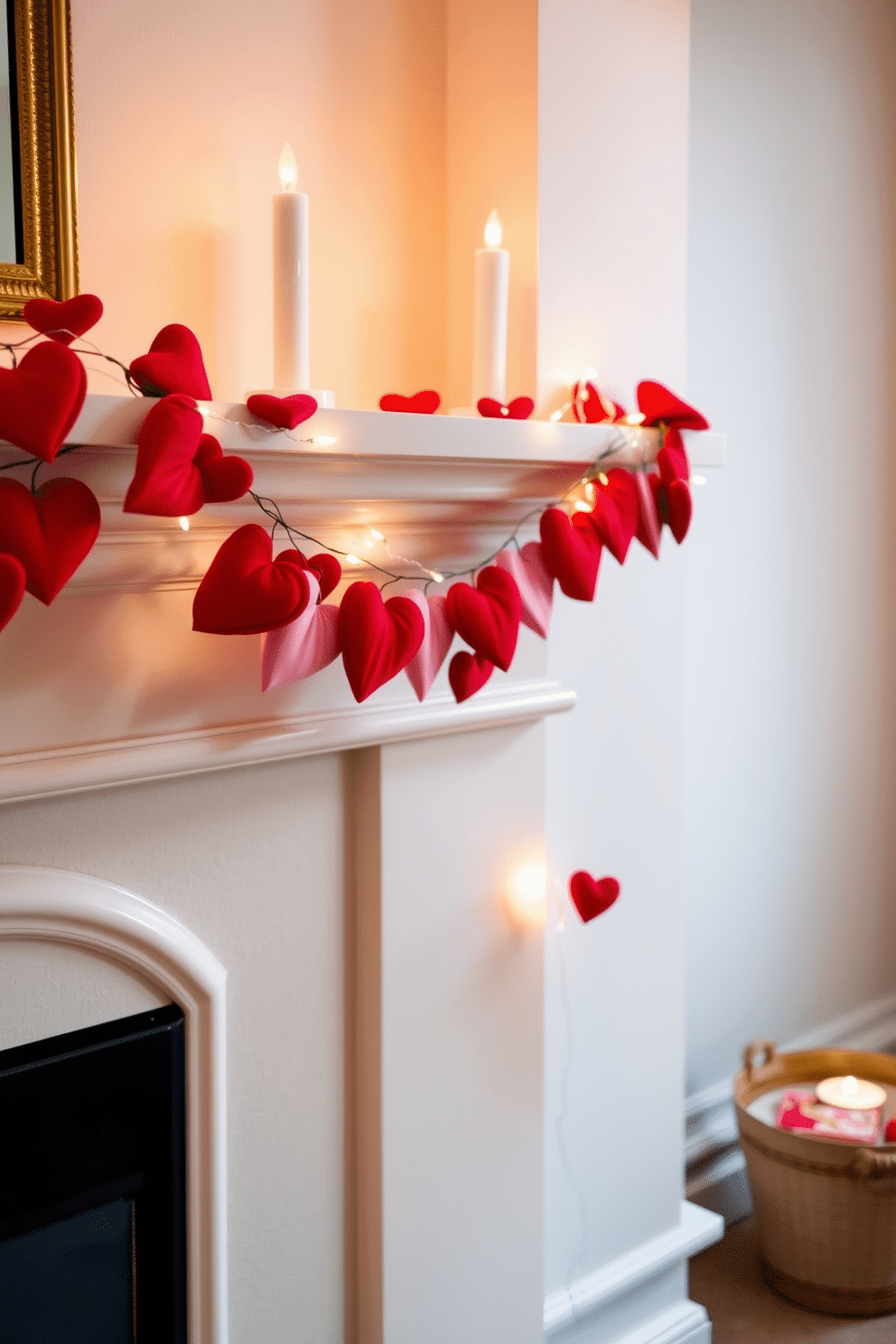 A charming fireplace adorned with a red and pink heart garland stretches across the mantel, creating a warm and inviting atmosphere. The garland is interspersed with twinkling fairy lights, enhancing the romantic ambiance for Valentine's Day celebrations.