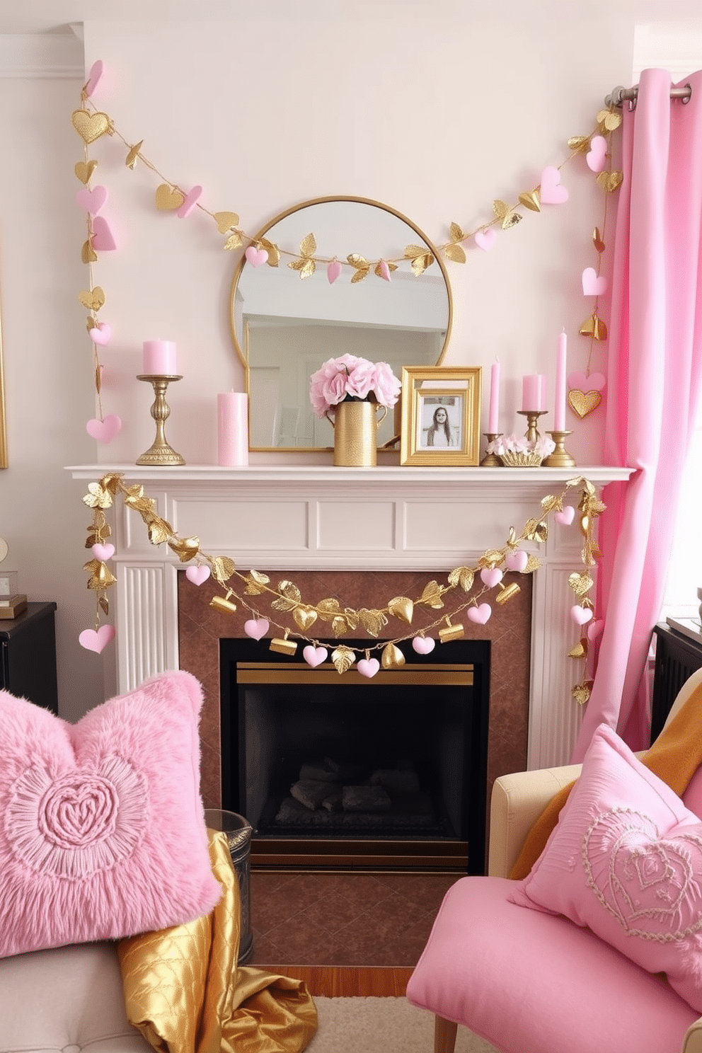 A cozy living room adorned with chic gold and pink accents. The focal point is a stylish fireplace, elegantly decorated with heart-shaped garlands and soft pink candles for a romantic Valentine's Day atmosphere. On the mantel, a collection of gold-framed photos and delicate pink flowers in a vase create a warm and inviting display. Plush pink cushions and a luxurious gold throw blanket enhance the seating area, inviting guests to relax and enjoy the festive decor.