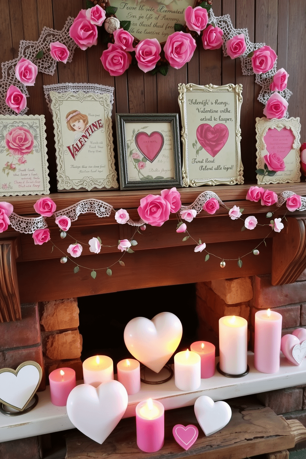 A charming display of vintage Valentine postcards adorns a rustic wooden mantel. Each postcard features intricate illustrations and heartfelt messages, framed with delicate lace and soft pink accents. The fireplace is beautifully decorated for Valentine's Day, with garlands of faux roses entwined around the mantle. A collection of heart-shaped candles in varying sizes flickers softly, casting a warm glow that enhances the romantic atmosphere.