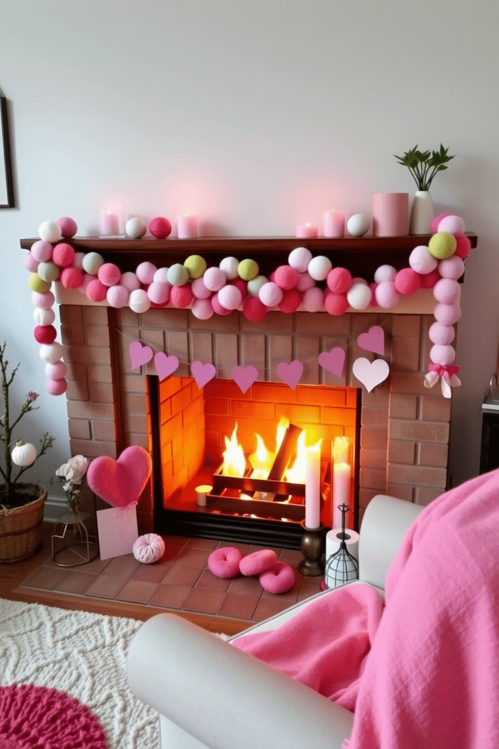 A whimsical living room adorned with a colorful felt ball garland draped elegantly across the mantle. The garland features an array of pastel colors, adding a playful touch to the warm ambiance created by the glowing fireplace. For Valentine's Day, the fireplace is decorated with soft pink and red accents, including heart-shaped ornaments and flickering candles. A cozy throw blanket in a romantic hue is casually draped over a nearby armchair, inviting relaxation and celebration of the season.