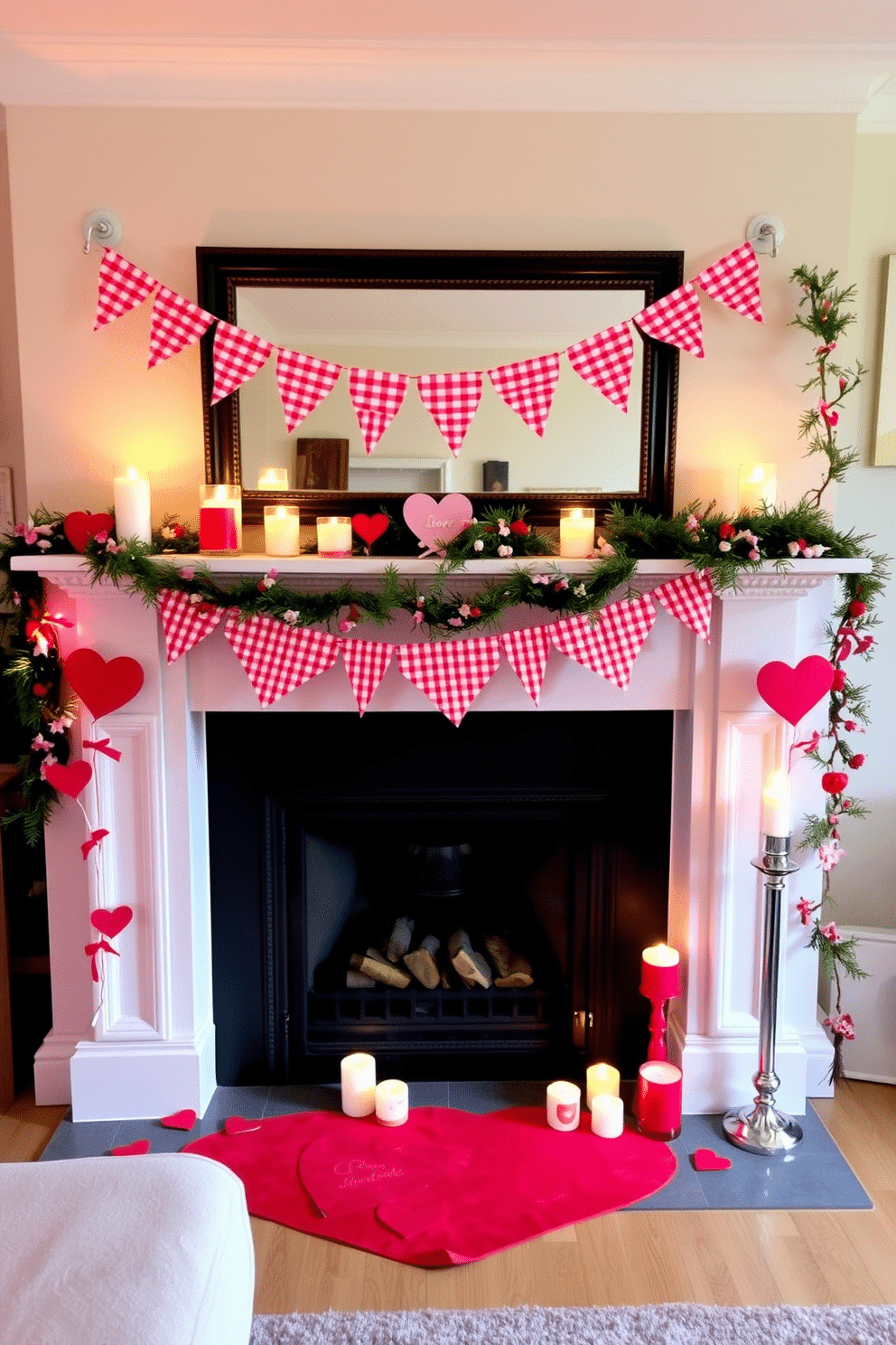 A cozy living room adorned with red and white checkered bunting strung across the mantelpiece, creating a festive atmosphere. The fireplace is elegantly decorated with heart-shaped garlands and flickering candles, enhancing the warmth and charm of the Valentine's Day theme.