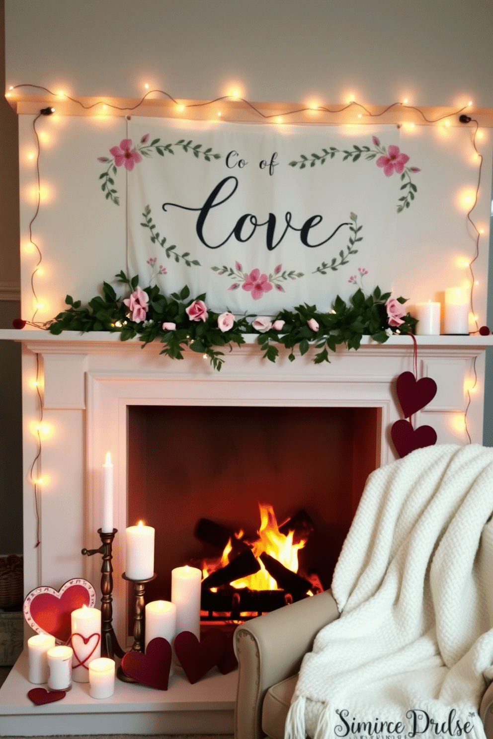 A personalized love banner hangs above a cozy fireplace, adorned with twinkling fairy lights that create a warm ambiance. The banner features elegant calligraphy on soft fabric, surrounded by lush greenery and delicate pink flowers for a romantic touch. On the mantel, a collection of candles in varying heights flicker gently, casting a soft glow across the room. Heart-shaped decorations in shades of red and gold accentuate the space, while a plush throw blanket drapes over a nearby chair, inviting guests to relax and enjoy the festive atmosphere.