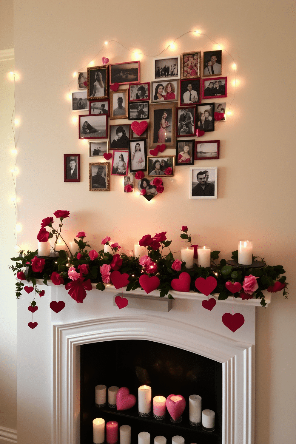 A heart-shaped photo collage adorns the wall, featuring a mix of cherished memories and romantic moments in various frame styles. Soft fairy lights twinkle around the edges, adding a warm glow to the display. A cozy fireplace is elegantly decorated for Valentine's Day, with a garland of red and pink roses draped across the mantel. On the hearth, a collection of heart-shaped candles in varying sizes flicker gently, creating an inviting atmosphere.