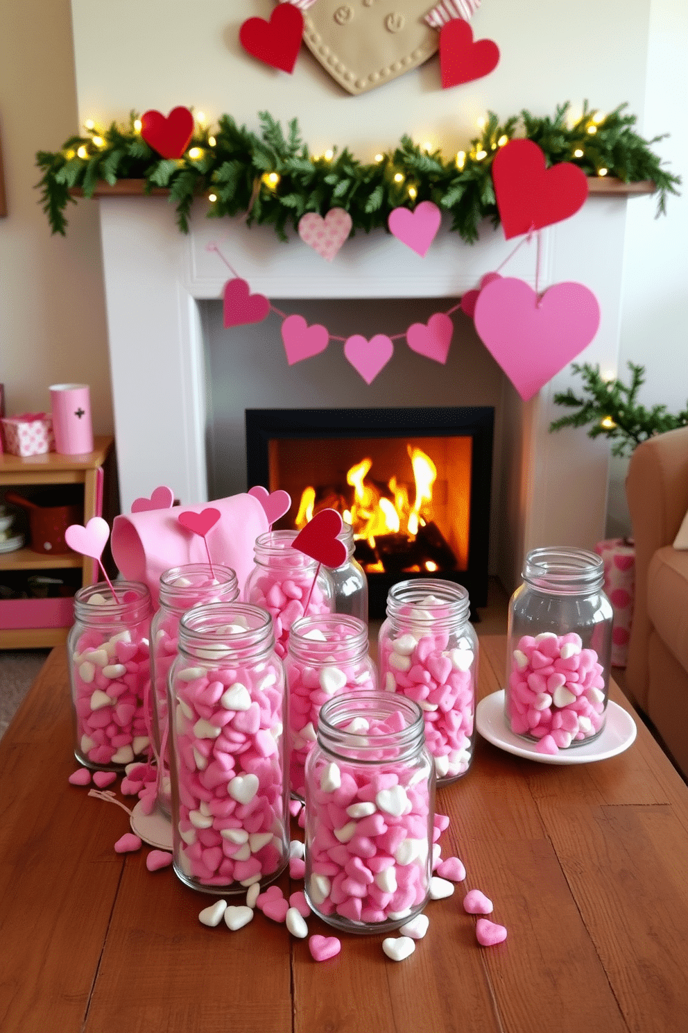 A charming display of sweetheart candy jars fills a rustic wooden table, each jar brimming with colorful conversation hearts. Soft pink and white accents surround the jars, creating a whimsical and romantic atmosphere perfect for Valentine's Day. A cozy fireplace serves as the centerpiece of the room, adorned with garlands of greenery and twinkling fairy lights. Heart-shaped decorations in red and white hang from the mantel, inviting warmth and love into the space.