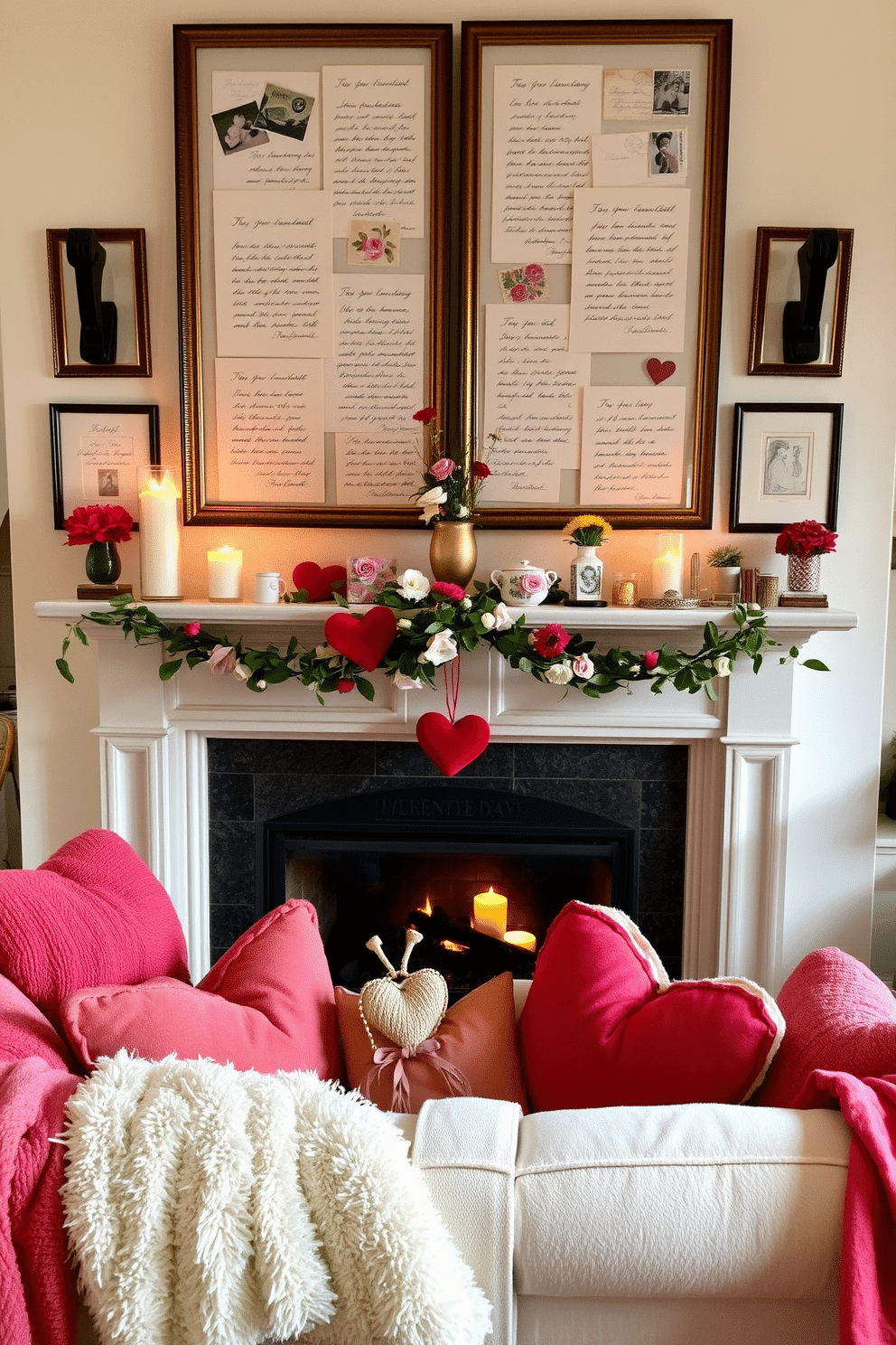 A romantic living room adorned with love letters beautifully framed and arranged on a gallery wall, each letter showcasing elegant calligraphy and vintage stamps. Below the frames, a cozy fireplace is decorated with soft, flickering candles and a garland of fresh flowers, creating a warm and inviting atmosphere for Valentine's Day. The fireplace mantle features a collection of heart-shaped decor items and small potted plants, enhancing the theme of love and affection. Plush throws and decorative pillows in shades of red and pink are scattered across a luxurious sofa, inviting guests to relax and enjoy the ambiance.