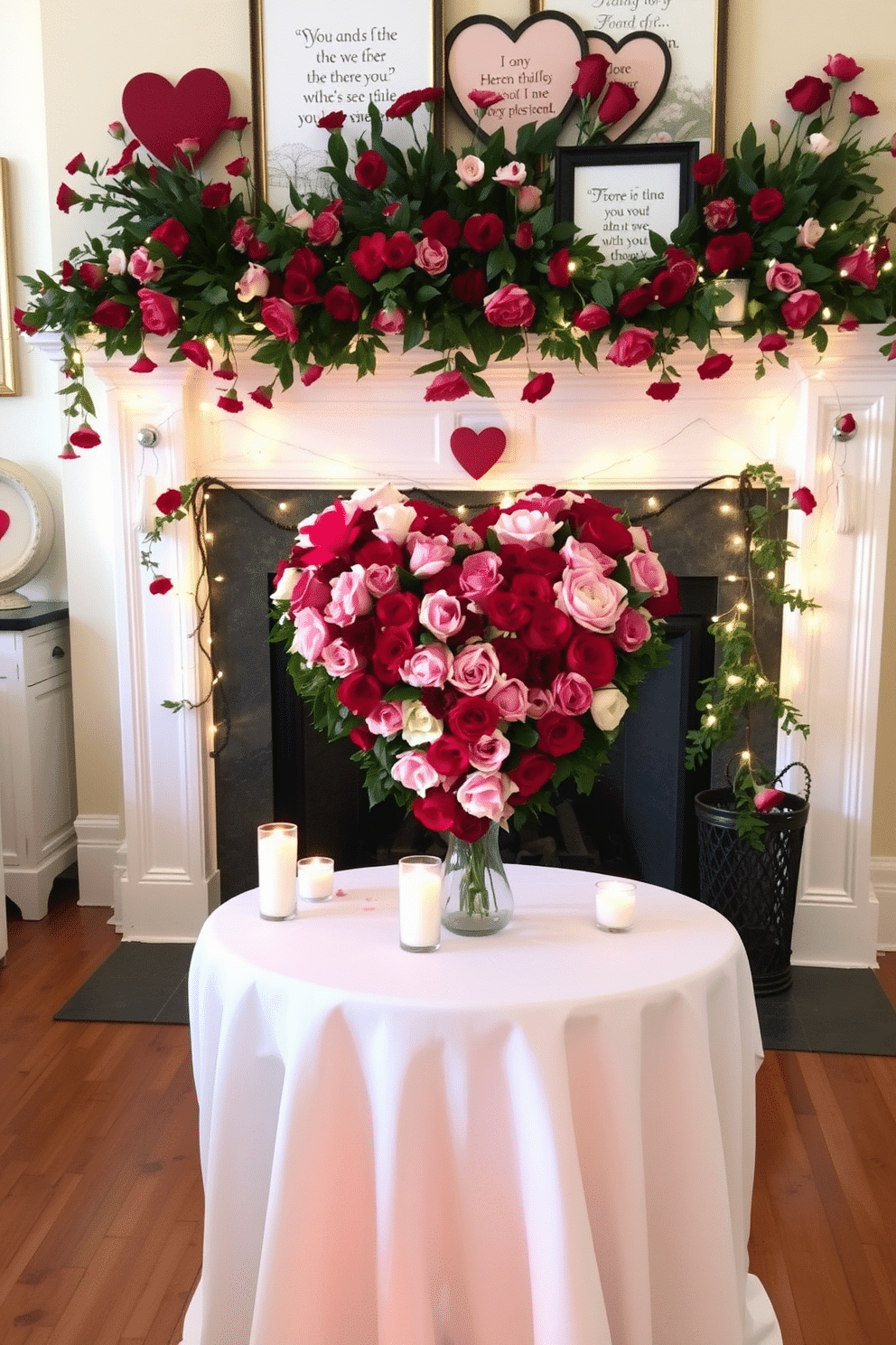 A stunning floral heart centerpiece is crafted from a variety of vibrant blooms, including roses, peonies, and hydrangeas, artfully arranged to form a heart shape. This centerpiece is placed on a white tablecloth, surrounded by flickering candles, creating a romantic ambiance for a Valentine's Day celebration. The fireplace is elegantly decorated for Valentine's Day with lush greenery and delicate fairy lights intertwined with deep red and soft pink flowers. Above the mantel, a garland of seasonal blooms adds a festive touch, while heart-shaped accents and framed love quotes complete the cozy, inviting atmosphere.