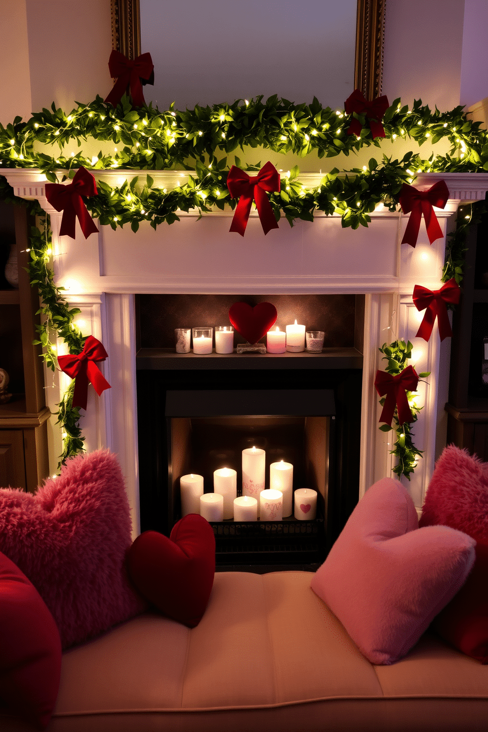 A cozy living room adorned for Valentine's Day features a classic fireplace with a mantle draped in lush greenery and twinkling fairy lights. Red velvet bows accentuate the mantle and are tastefully placed on the surrounding furniture, creating a warm and inviting atmosphere. The fireplace itself is elegantly styled with a collection of romantic candles and heart-shaped decor. Plush throw pillows in shades of red and pink are scattered on a soft, inviting sofa, enhancing the festive spirit of love and warmth.