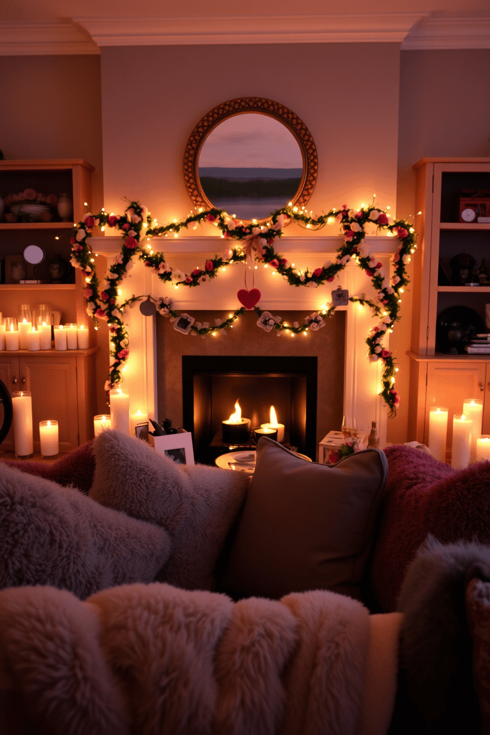 A cozy living room setting filled with a romantic candlelit ambiance. Soft, flickering candlelight dances across the room, creating a warm and inviting atmosphere. In the center, a beautifully decorated fireplace is adorned with delicate garlands of fresh flowers and heart-shaped ornaments. Plush throw pillows and a soft blanket are draped over a stylish sofa, inviting couples to snuggle up and enjoy the evening.