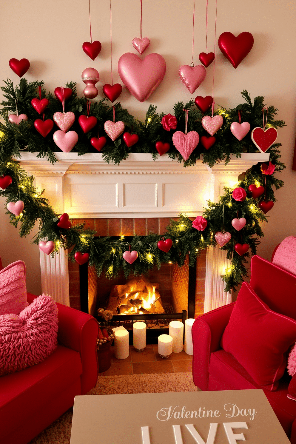 A cozy living room adorned for Valentine's Day features a beautifully decorated fireplace. Heart-shaped ornaments in various sizes hang from the mantel, creating a warm and inviting atmosphere. The fireplace is surrounded by soft, plush seating in shades of red and pink, complemented by decorative throw pillows. A romantic garland of greenery intertwined with fairy lights drapes elegantly across the mantel, enhancing the festive vibe.