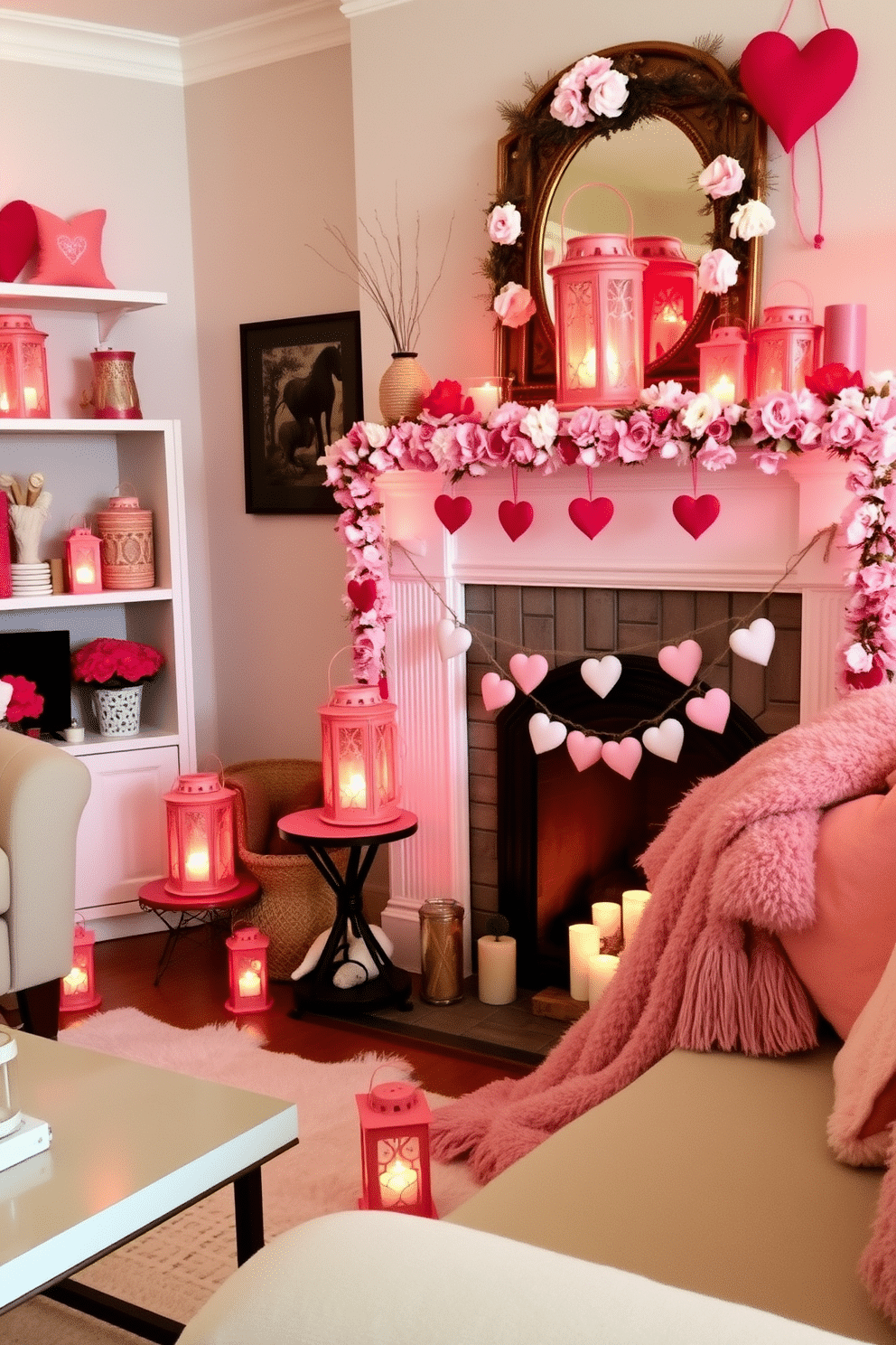 A cozy living room adorned with Valentine's themed lanterns. The lanterns, in shades of red and pink, are scattered on shelves and tables, casting a warm, romantic glow throughout the space. A charming fireplace is decorated for Valentine's Day with garlands of faux flowers and heart-shaped ornaments. Soft, plush throws in blush tones are draped over the mantel, inviting warmth and intimacy to the setting.