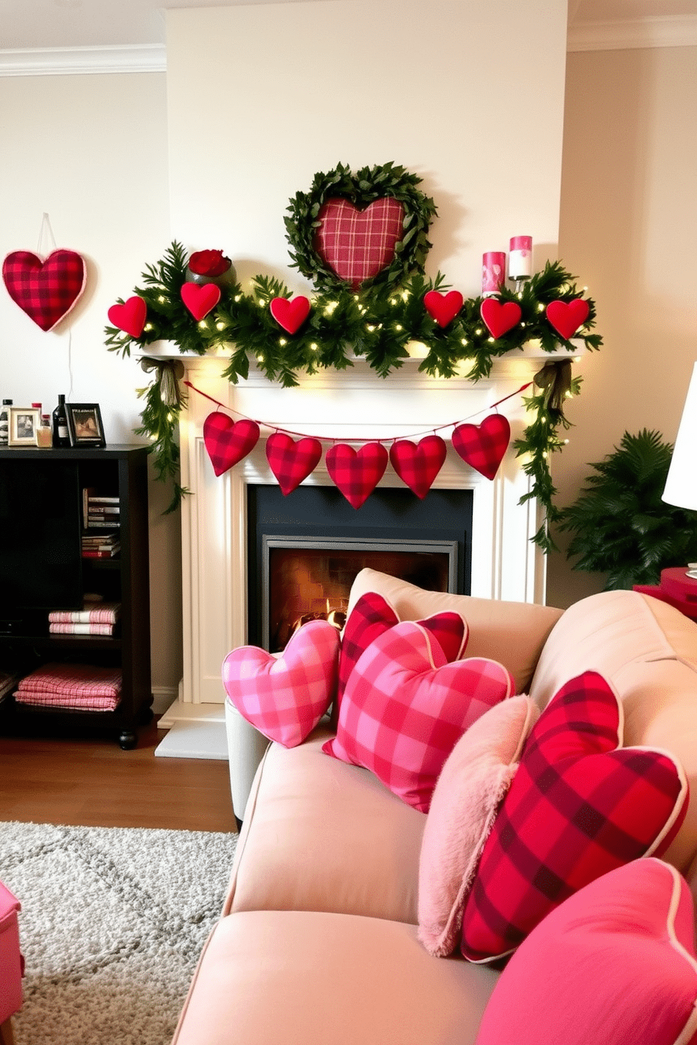 A cozy living room adorned for Valentine's Day, featuring a plush sofa with an array of plaid heart pillows in shades of red and pink. A charming fireplace is the focal point, decorated with garlands of greenery and soft fairy lights, creating a warm and inviting atmosphere.