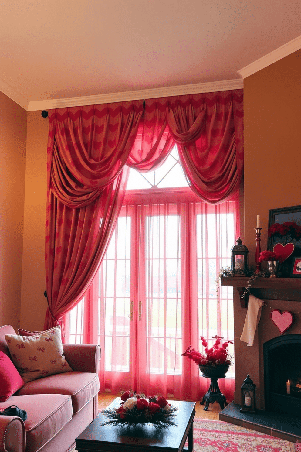 A cozy living room adorned with heart-patterned fabric drapes that cascade elegantly from the ceiling to the floor. The warm hues of red and pink create a romantic atmosphere, complemented by a rustic fireplace adorned with seasonal decorations for Valentine's Day.