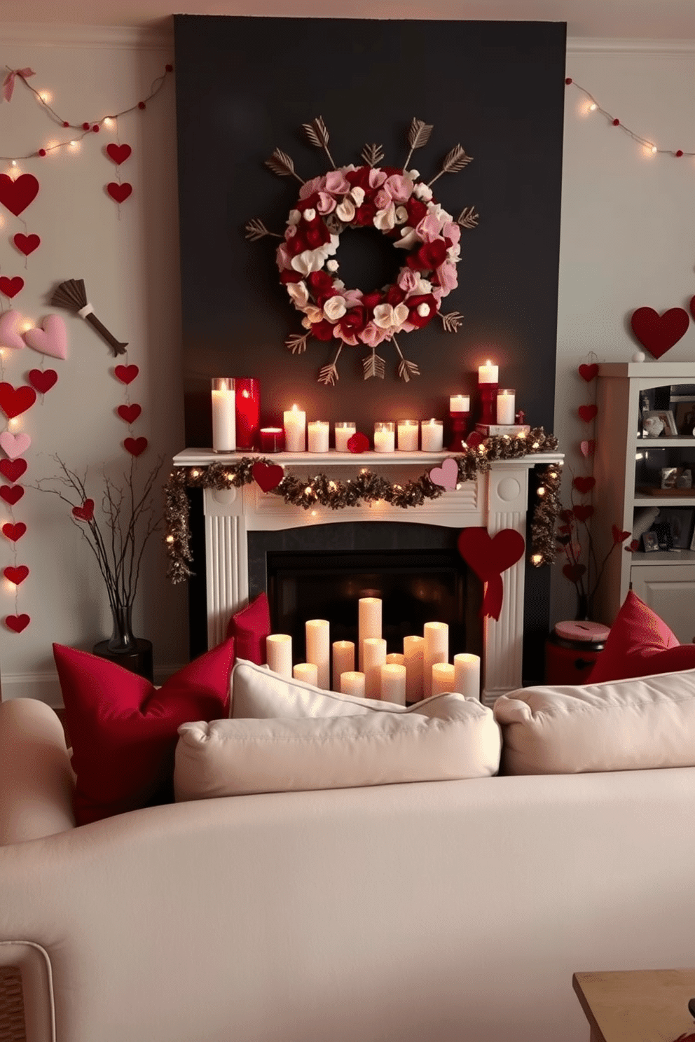 A cozy living room adorned with Cupid arrow decorations for Valentine's Day. The walls are embellished with heart-shaped garlands, and a large, plush sofa is draped with soft red and pink throw pillows. A charming fireplace serves as the focal point, decorated with an array of candles in varying heights and sizes. Above the mantel, a whimsical wreath made of Cupid arrows and faux flowers adds a romantic touch, complemented by twinkling fairy lights.