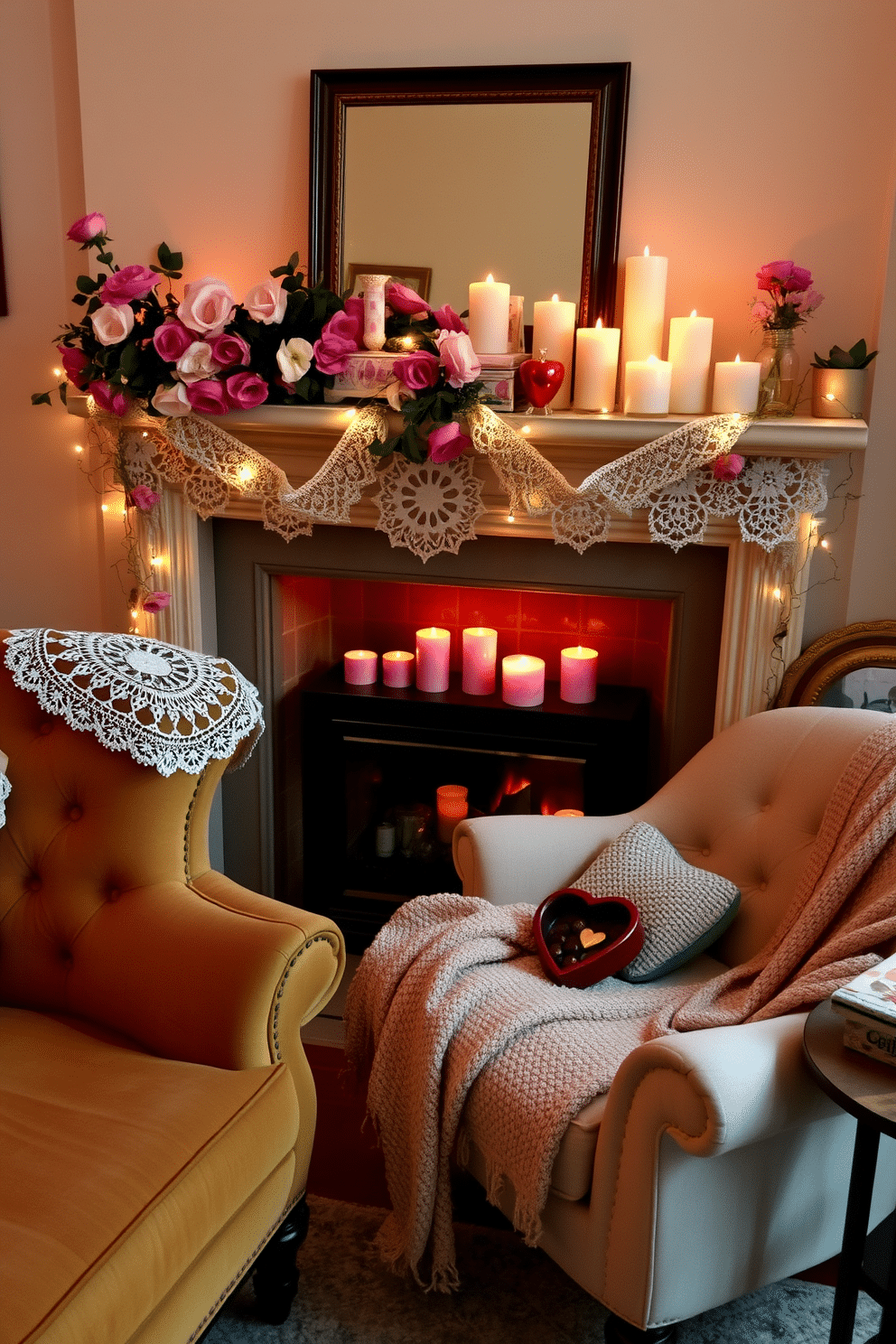 A cozy living room setting adorned with romantic lace doilies draped elegantly over the arms of a plush, vintage sofa. The fireplace is beautifully decorated for Valentine's Day, featuring a garland of fresh roses and twinkling fairy lights intertwined with delicate lace accents. On the mantelpiece, a collection of heart-shaped candles in varying sizes flicker softly, casting a warm glow across the room. A charming, oversized armchair sits nearby, with a knitted throw blanket and a small table holding a heart-shaped box of chocolates, enhancing the romantic atmosphere.