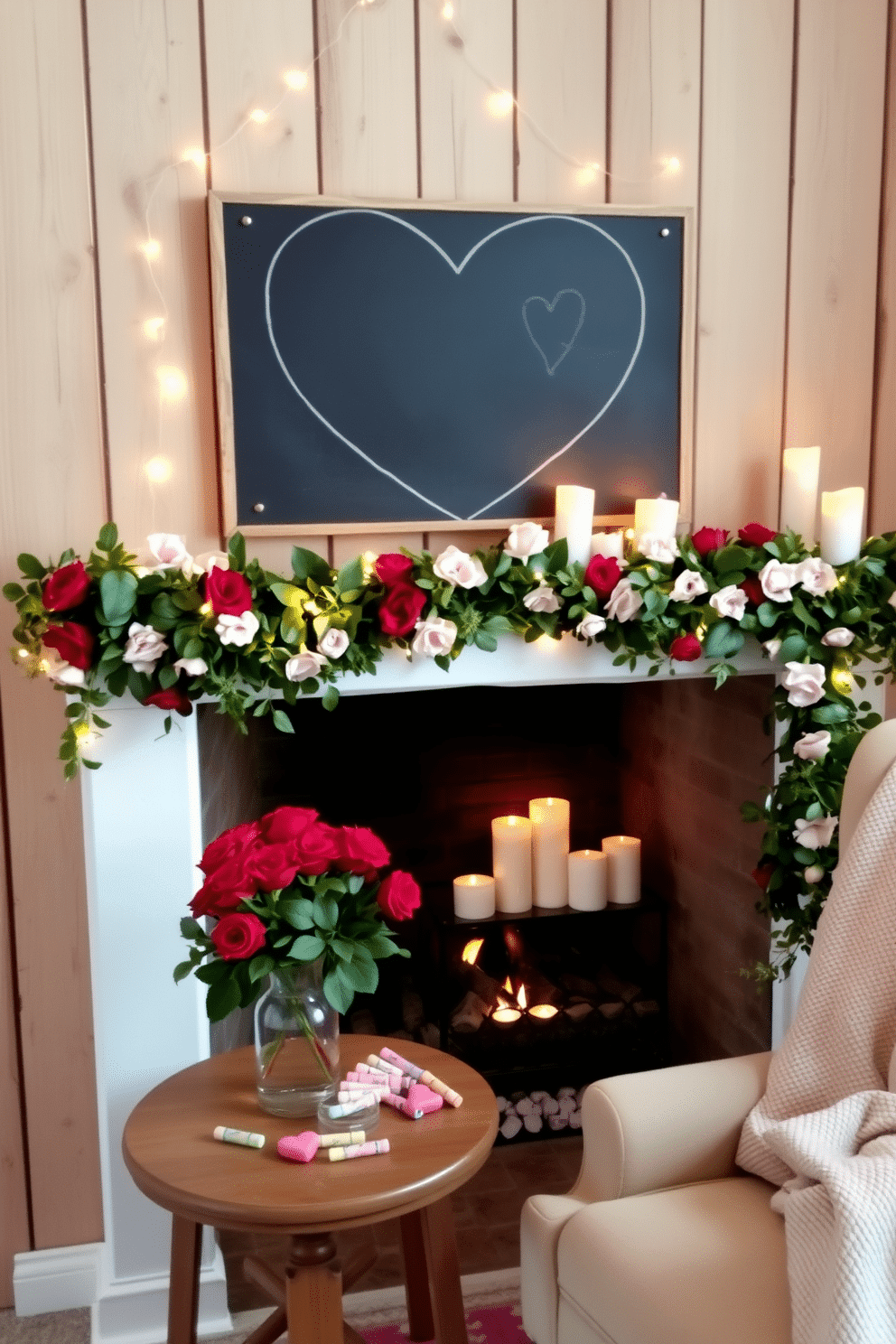 A charming heart-shaped chalkboard is hung on a rustic wooden wall, adorned with delicate white fairy lights that create a warm ambiance. Below the chalkboard, a small wooden table is set with a vase of fresh red roses and a collection of colorful chalks, inviting guests to leave sweet messages. A cozy fireplace is decorated for Valentine's Day with a garland of lush greenery intertwined with soft pink and red flowers. On the mantel, heart-shaped candles of varying sizes flicker gently, while a plush throw blanket drapes over a nearby armchair, completing the romantic setting.