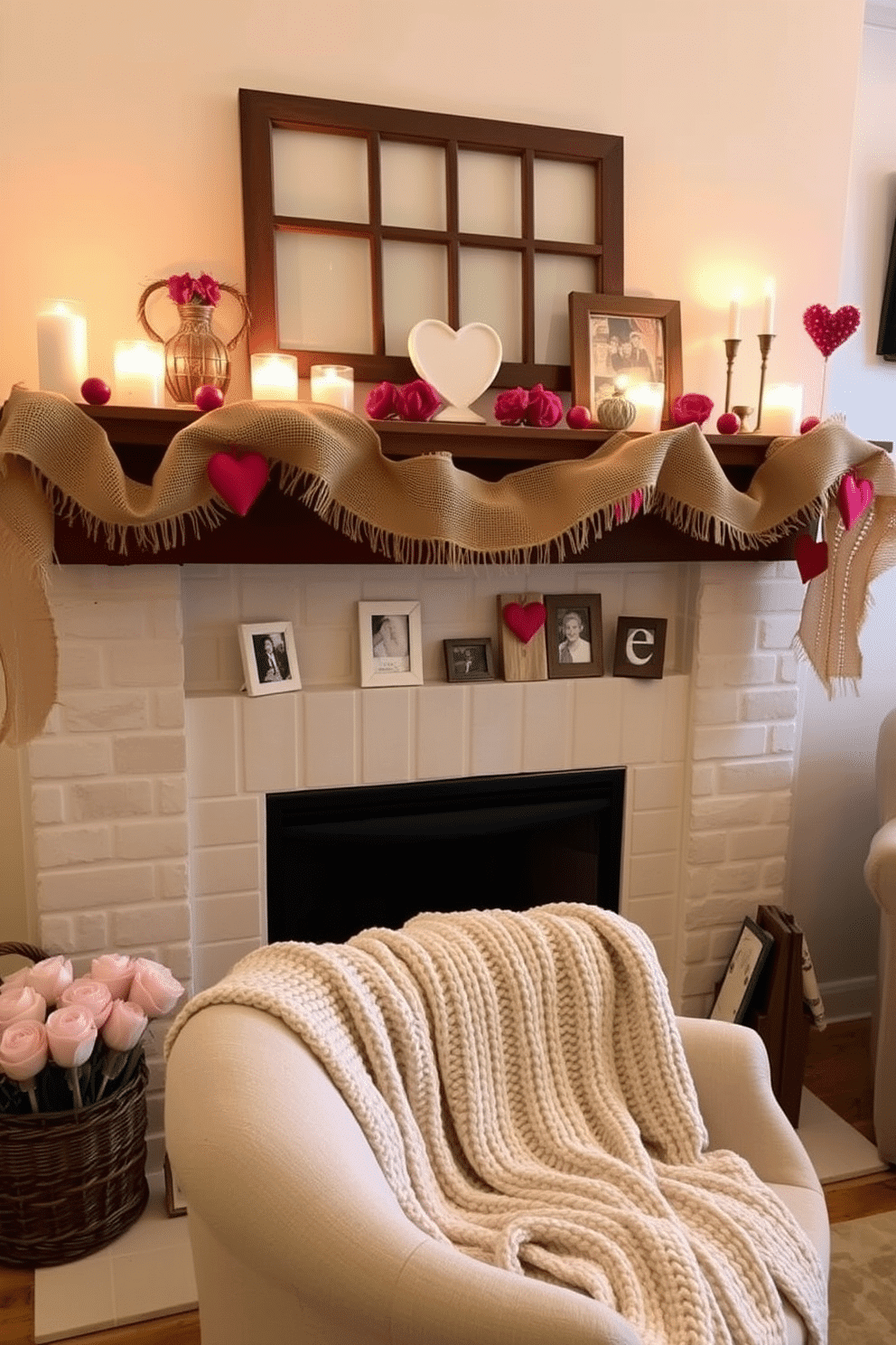 A rustic burlap garland drapes elegantly across the mantle, adding a warm and inviting touch to the cozy fireplace. Surrounding the garland are soft flickering candles and heart-shaped decorations, creating a charming Valentine's Day ambiance. The fireplace is adorned with a collection of vintage wooden frames, each displaying cherished memories of love and togetherness. A plush, knitted throw is draped over a nearby chair, inviting guests to relax and enjoy the romantic atmosphere.