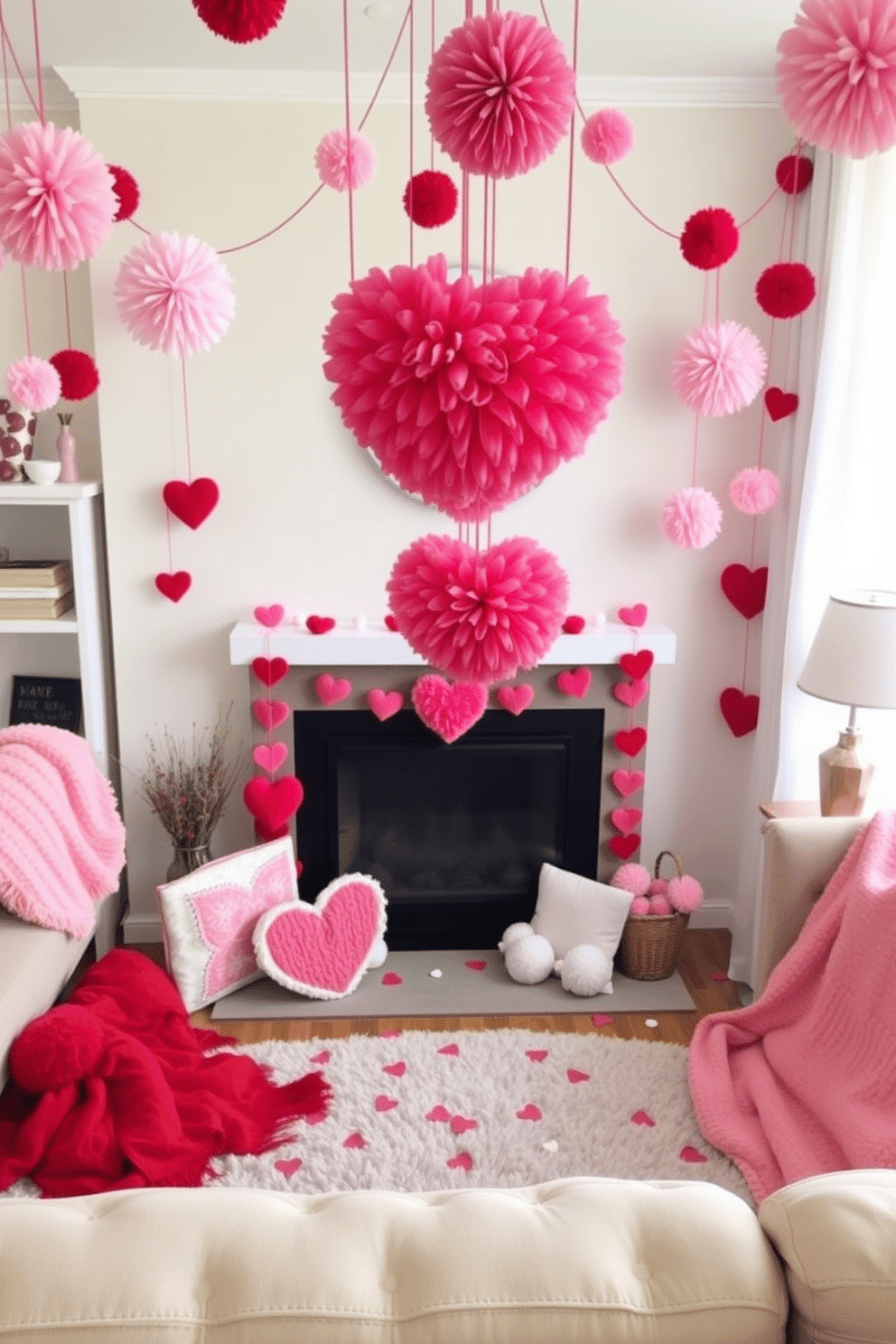 A cozy living room setting for Valentine's Day, adorned with pink and red pom-poms hanging from the ceiling and draped over furniture. A modern fireplace serves as the focal point, surrounded by heart-themed decorations and soft, plush blankets in complementary colors.