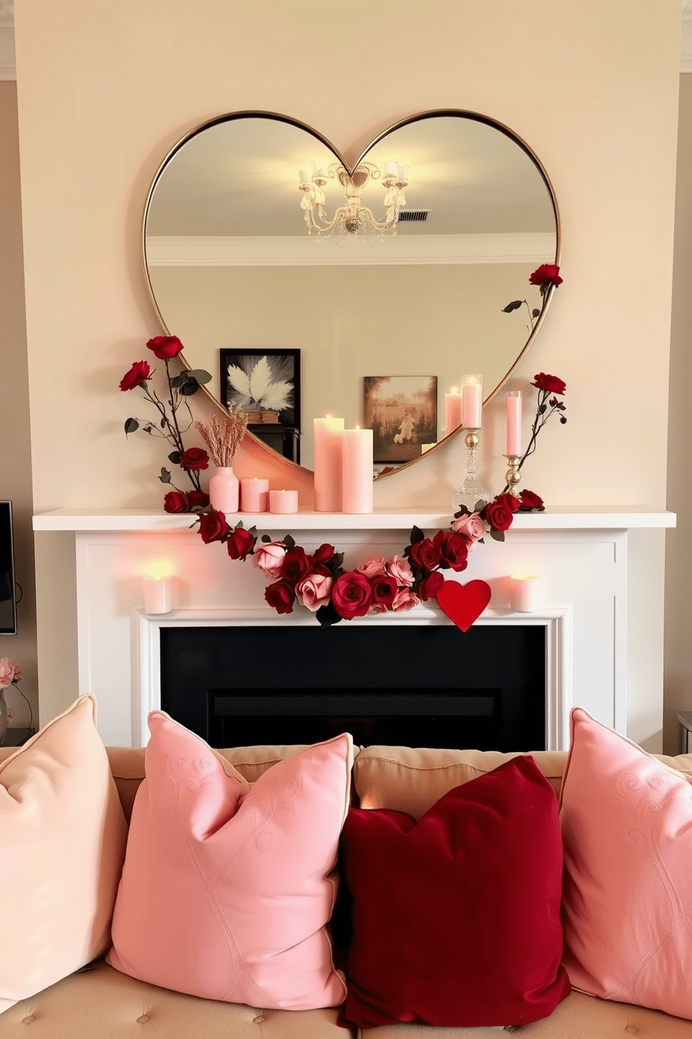 A cozy living room setting featuring a heart-shaped mirror above a sleek mantelpiece. The fireplace is adorned with romantic decorations for Valentine's Day, including soft pink and red candles and a garland of fresh roses. The heart-shaped mirror reflects the warm glow of the flickering flames, enhancing the intimate atmosphere. Plush throw pillows in shades of blush and deep crimson are scattered on the sofa, inviting guests to relax and enjoy the ambiance.