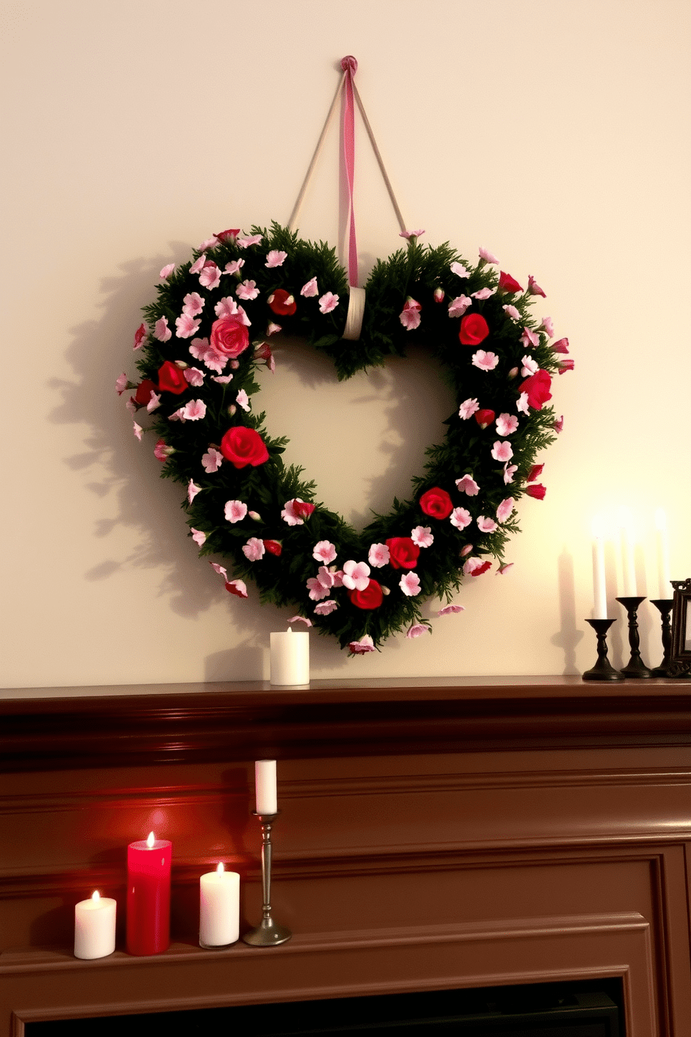 A charming heart-shaped wreath adorned with delicate pink and red flowers hangs gracefully above the mantel, creating a romantic focal point for the room. The mantel is decorated with an assortment of candles in varying heights, casting a warm glow that enhances the cozy atmosphere of Valentine's Day.